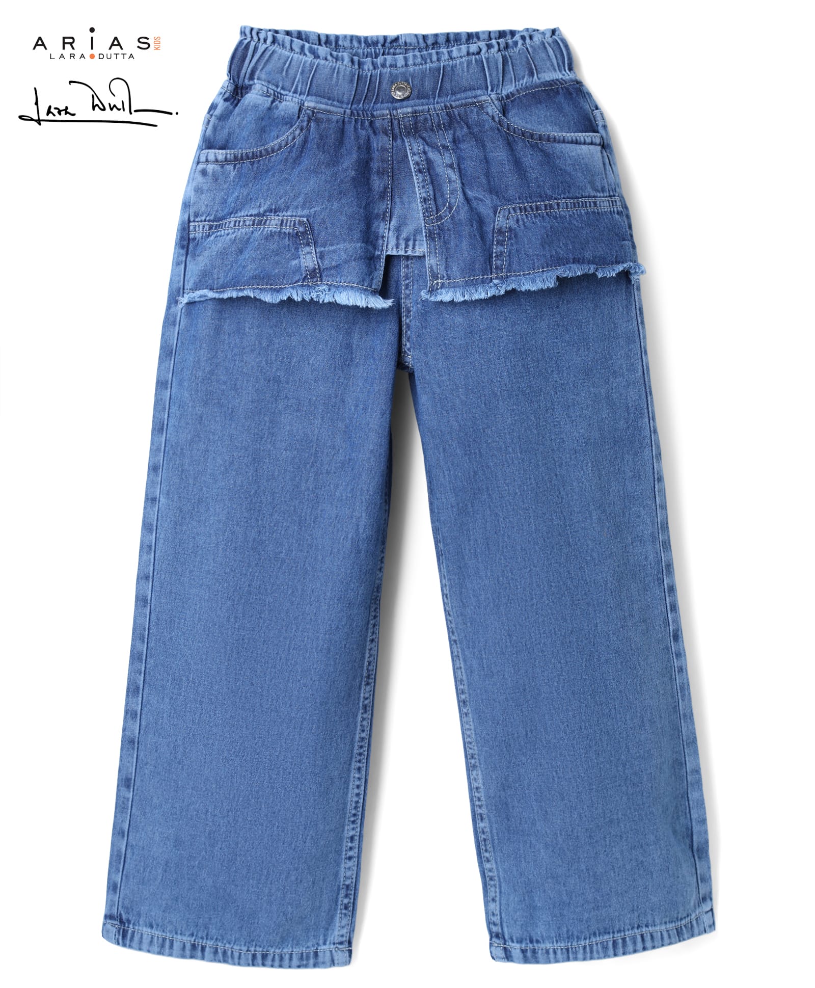 arias by lara dutta Arias Cotton Elastane Woven Full Length Mid Washed Denim Baggy wide Leg Jeans With Box Layer - Blue-picture-28