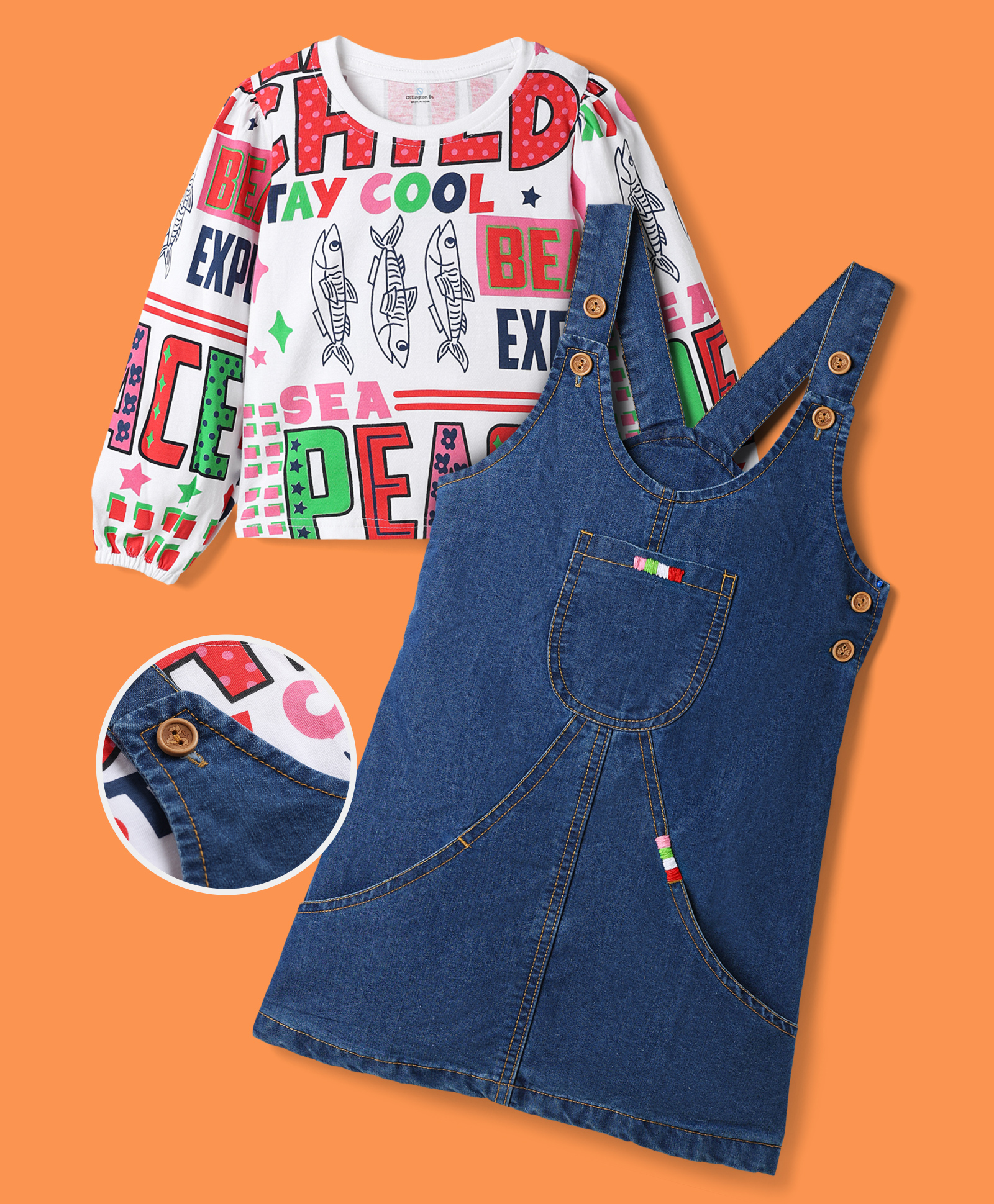 OLLINGTON ST. Cotton Sinker Knit Pinafore Dress and Top with Full Sleeves and Typography Print - White & Navy Blue-image-36