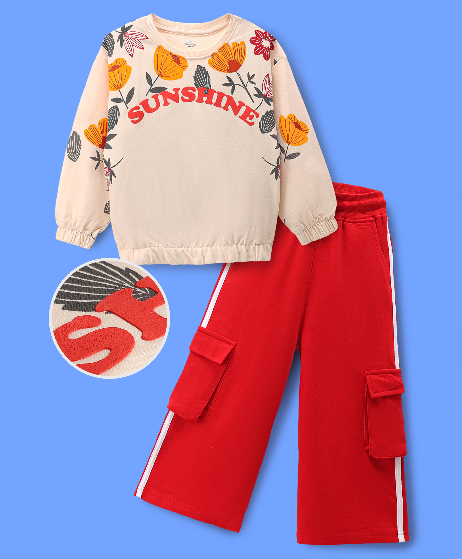 OLLINGTON ST. Cotton Looper Knit Full Sleeves Winter Wear Suit With Floral & Text Print - Off White & Red-image-29
