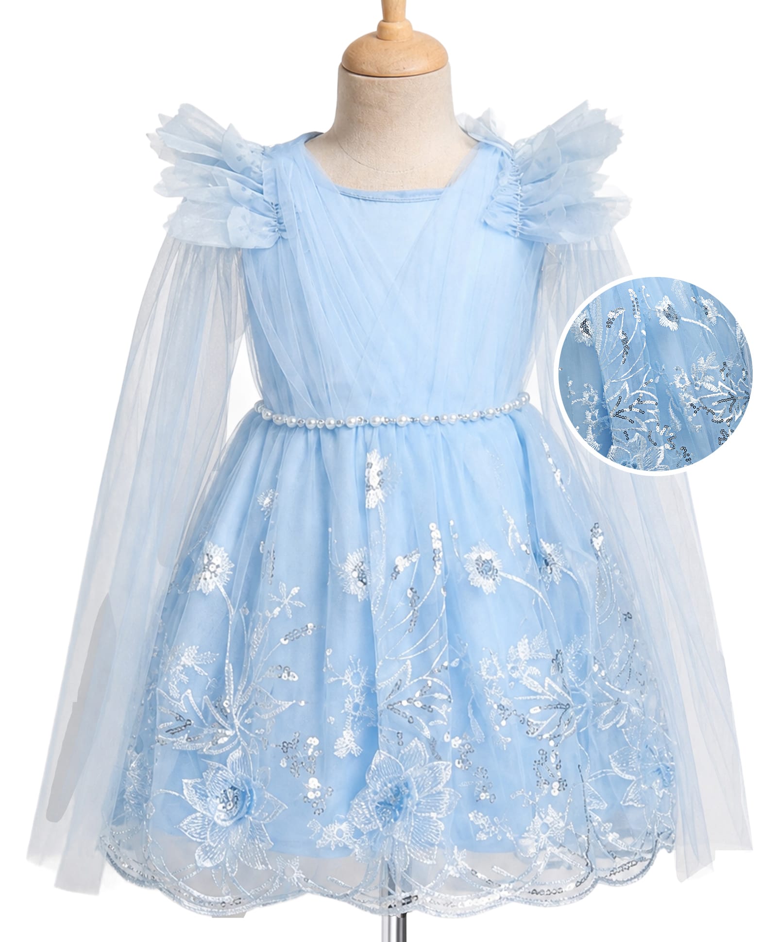 Mark & Mia Woven Half sleeves Party Dress With Sequin Detailing & Floral Embroidery - Sky Blue-image-14