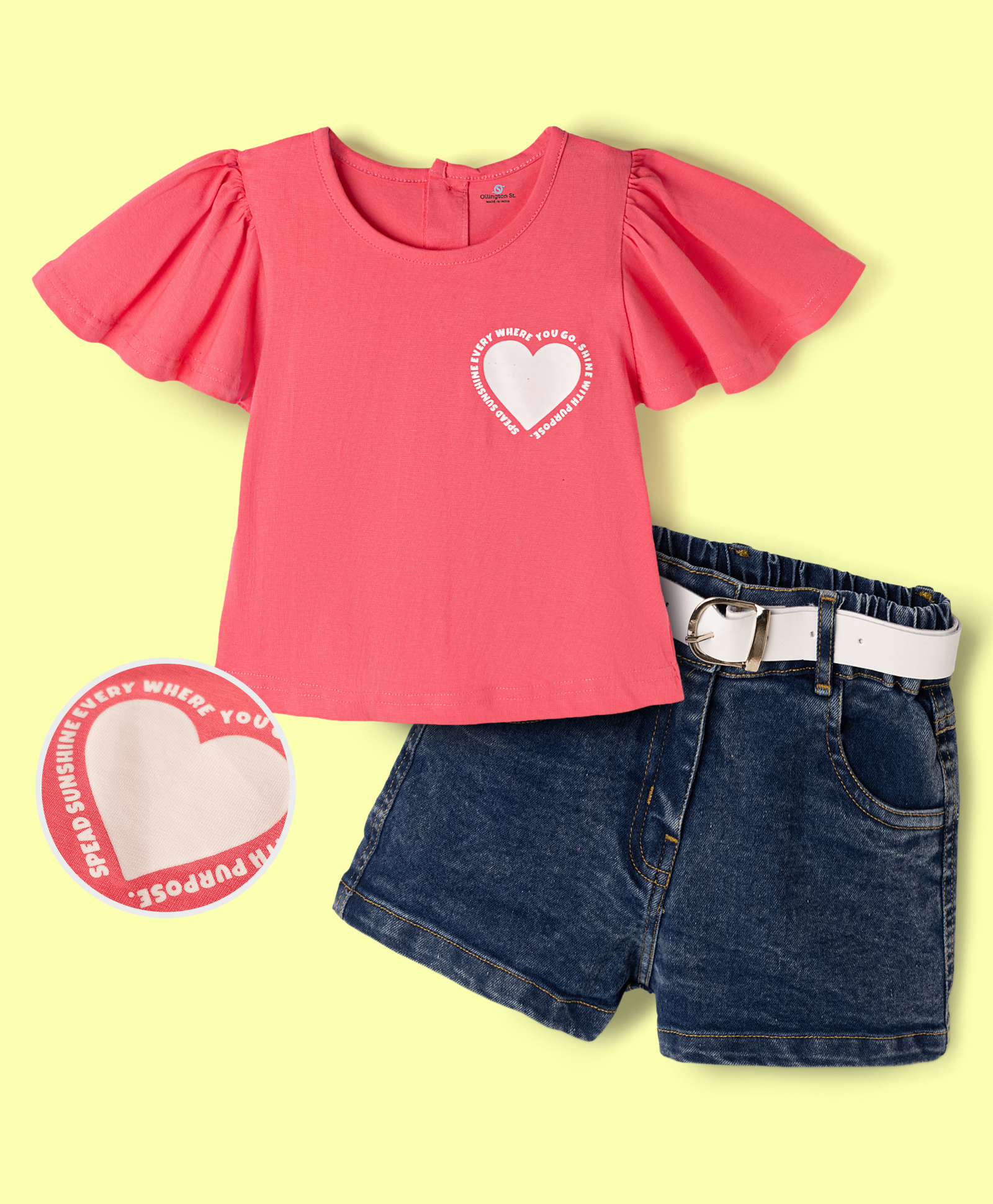 OLLINGTON ST. Cotton Sinker Knit Half Sleeves Heart & Text Printed Top With Denim Shorts & Belt - Pink-image-24