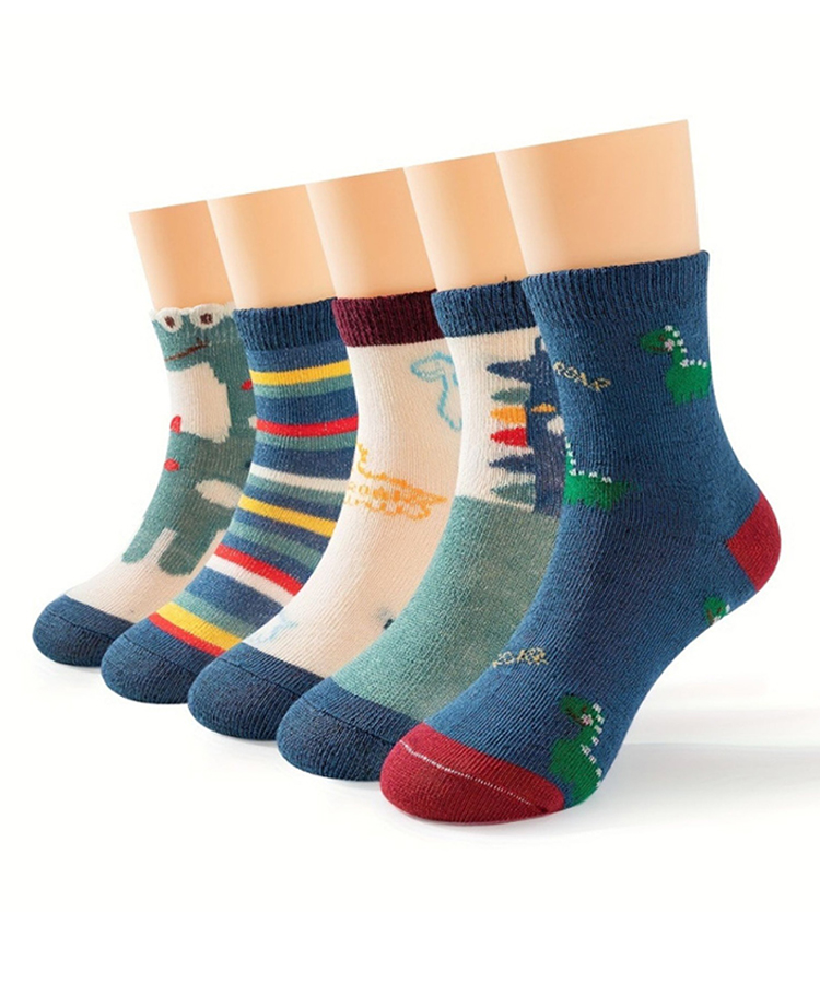 ZQBIEE Cotton Knit Pack of 5 Dinosaur Printed Socks - White & Green-picture-23