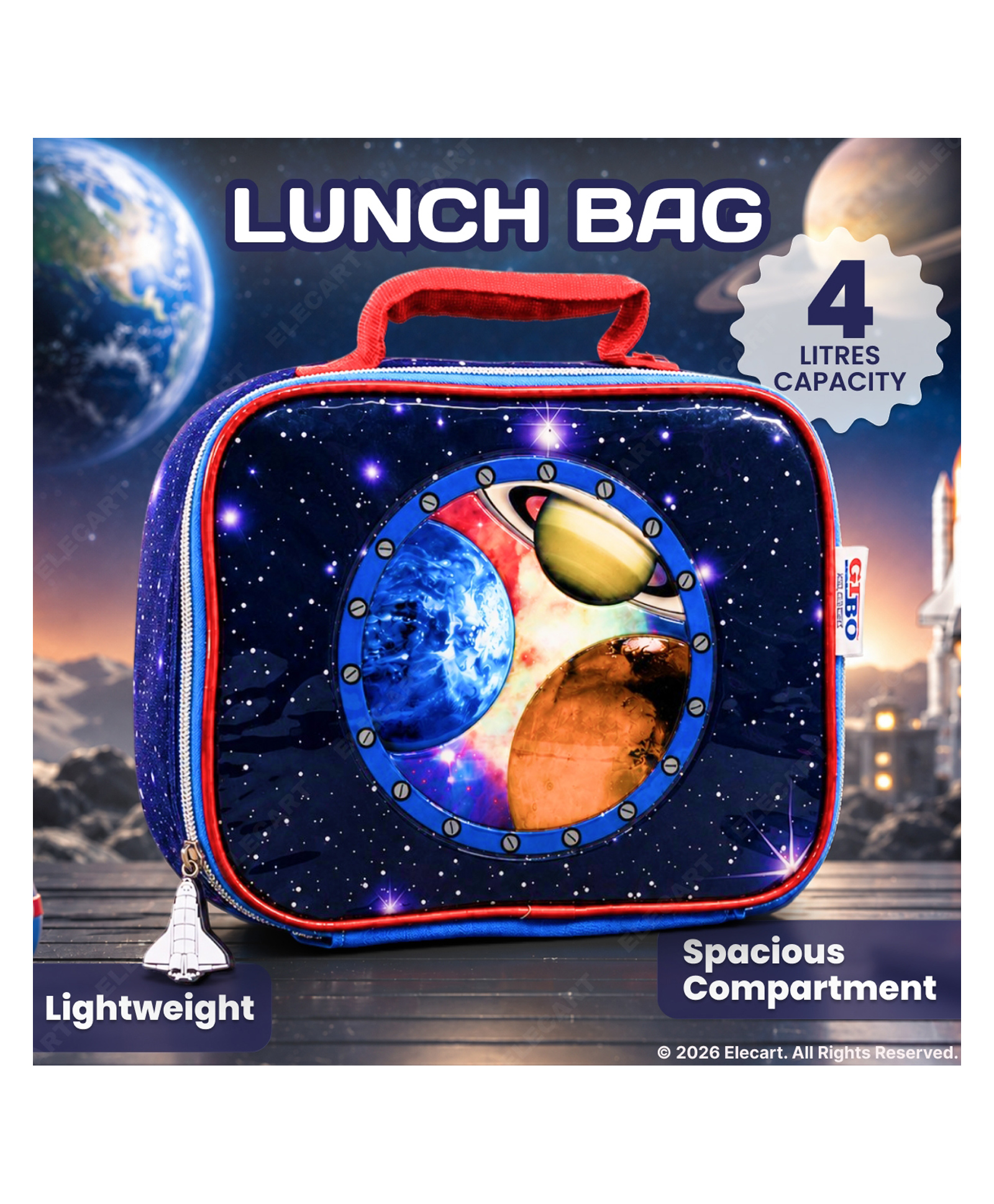 Elecart 3D Space Printed Insulated Lunch Bag for Kids | Thermal Tiffin Storage Bag | Waterproof Portable Lunch Box Carrier for School, Travel, Picnic & Daycare | Durable Lunch Tote for Boys & Girls-image-35