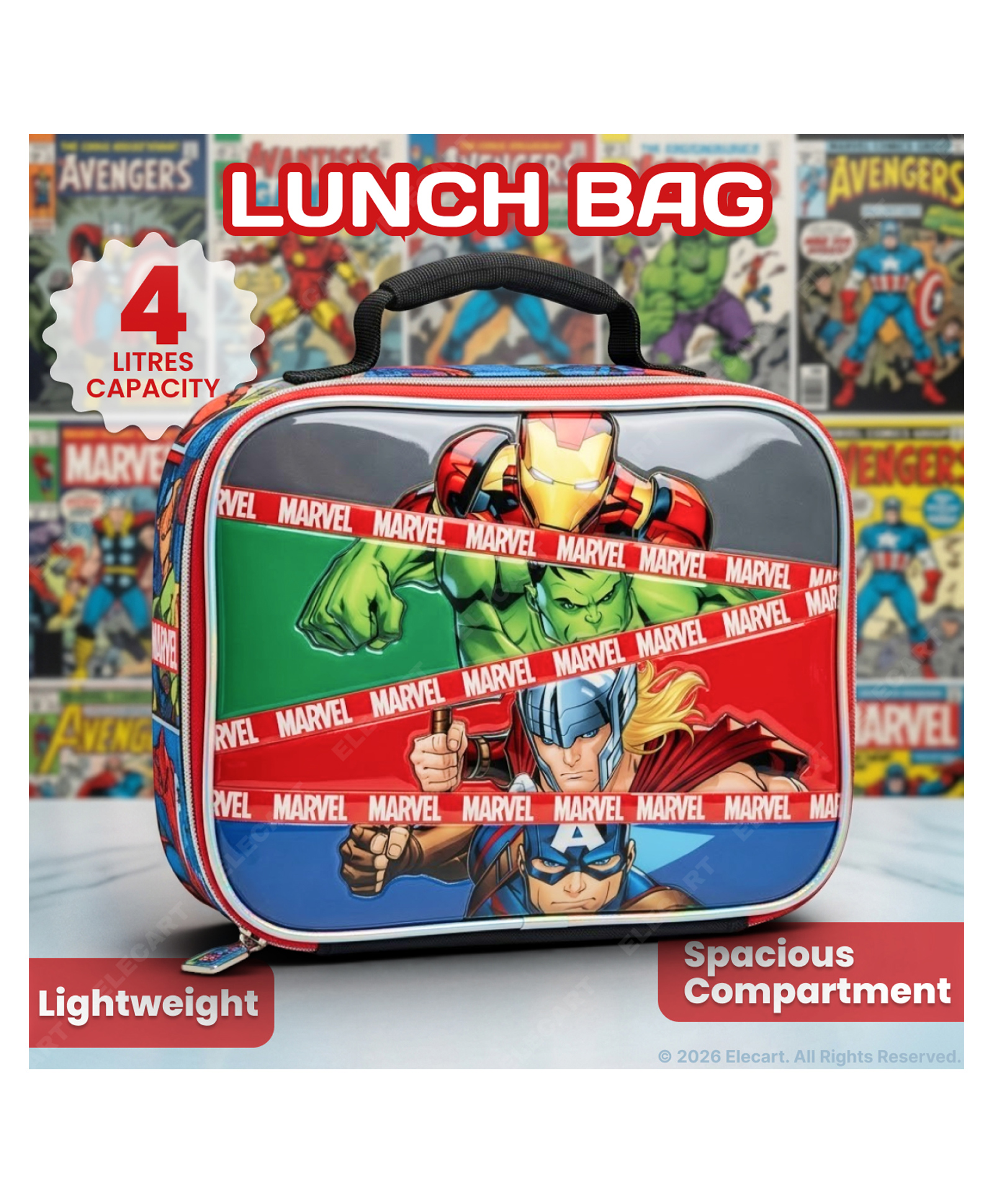 Elecart 3D Printed Marvel Avengers Insulated Lunch Bag | Thermal Tiffin Storage Bag for School, Travel & Picnic | Durable, Waterproof & Portable Lunch Carrier for Kids-image-10