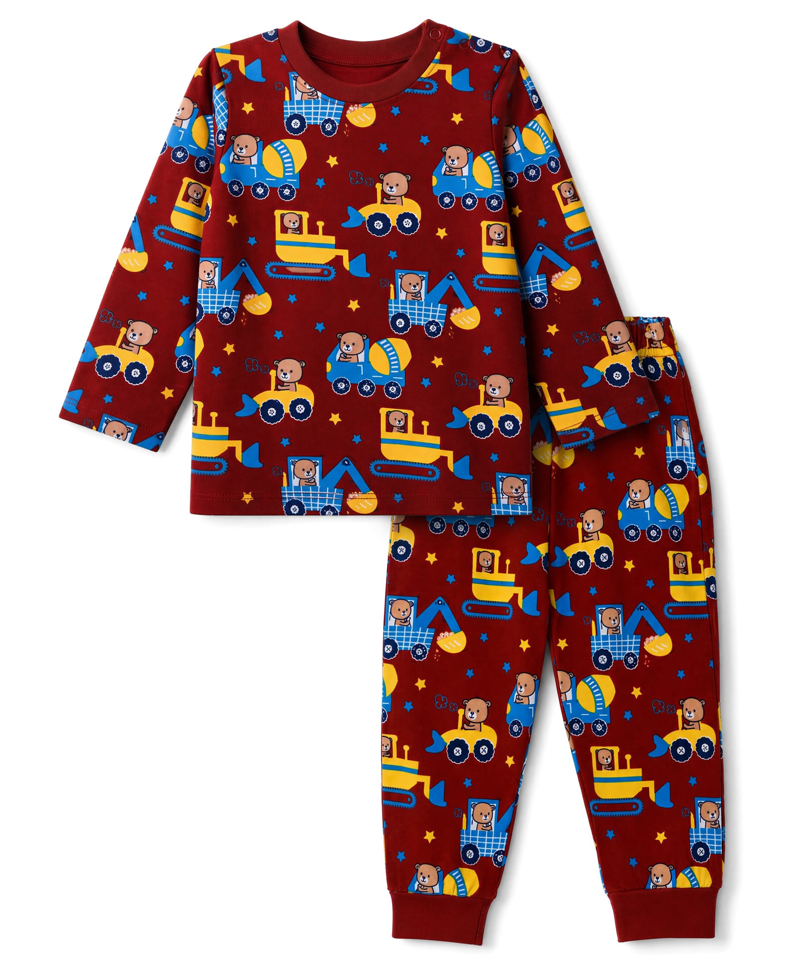 Babyhug Cotton Knit Full Sleeves Co-Ords T-Shirt & Pyjama Night Suit with Construction Vehicle & Bear Print - Maroon-image-37