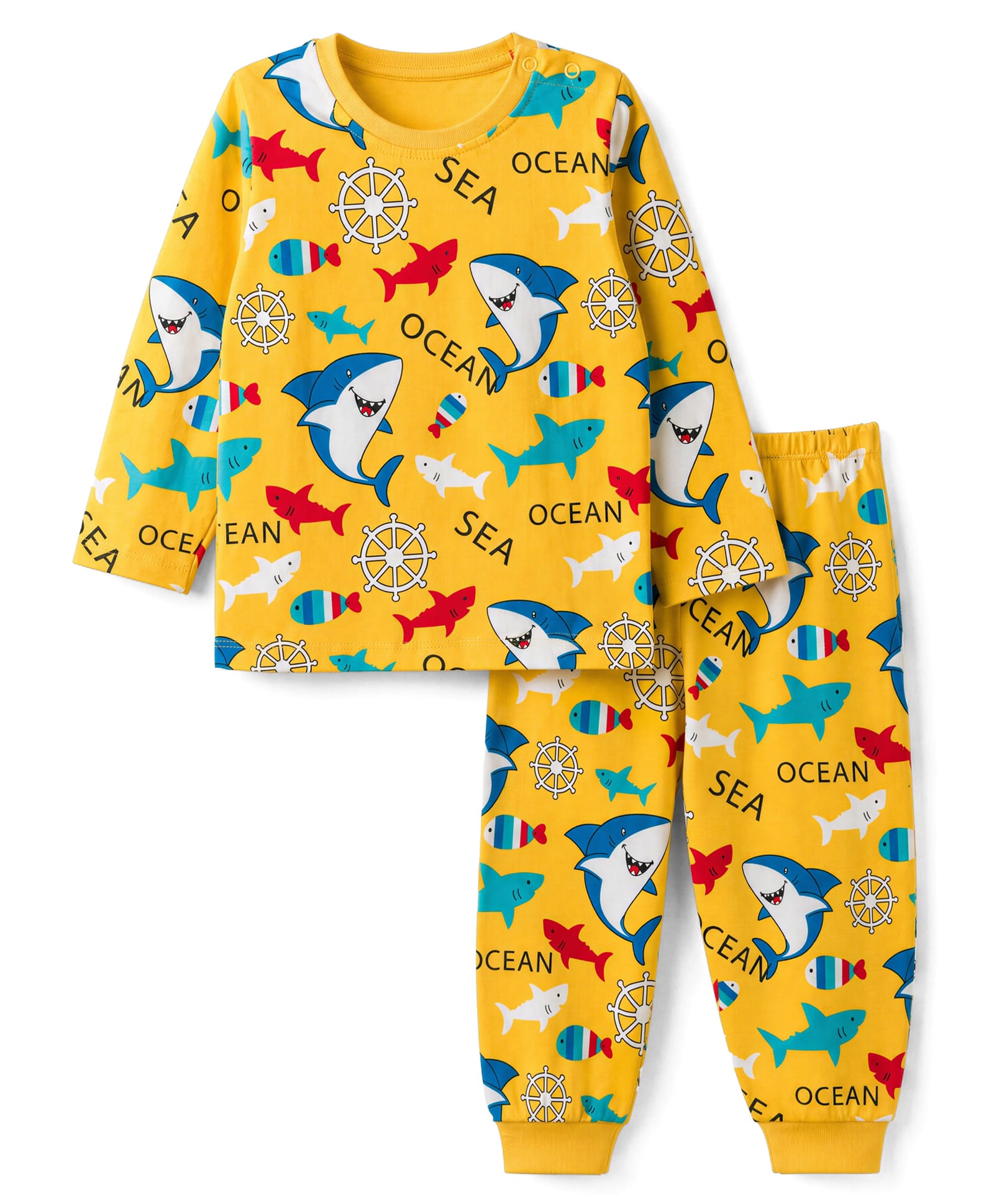 Babyhug Cotton Knit Full Sleeves Co-Ords T-Shirt & Pyjama Night Suit with Shark Print - Yellow-image-23