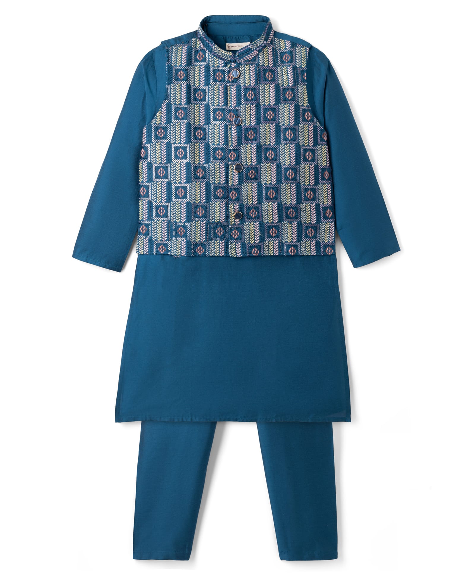 EARTHY TOUCH Woven Full Sleeves Solid Kurta & Pyjama Set With Embroidered Jacket - Blue-image-14
