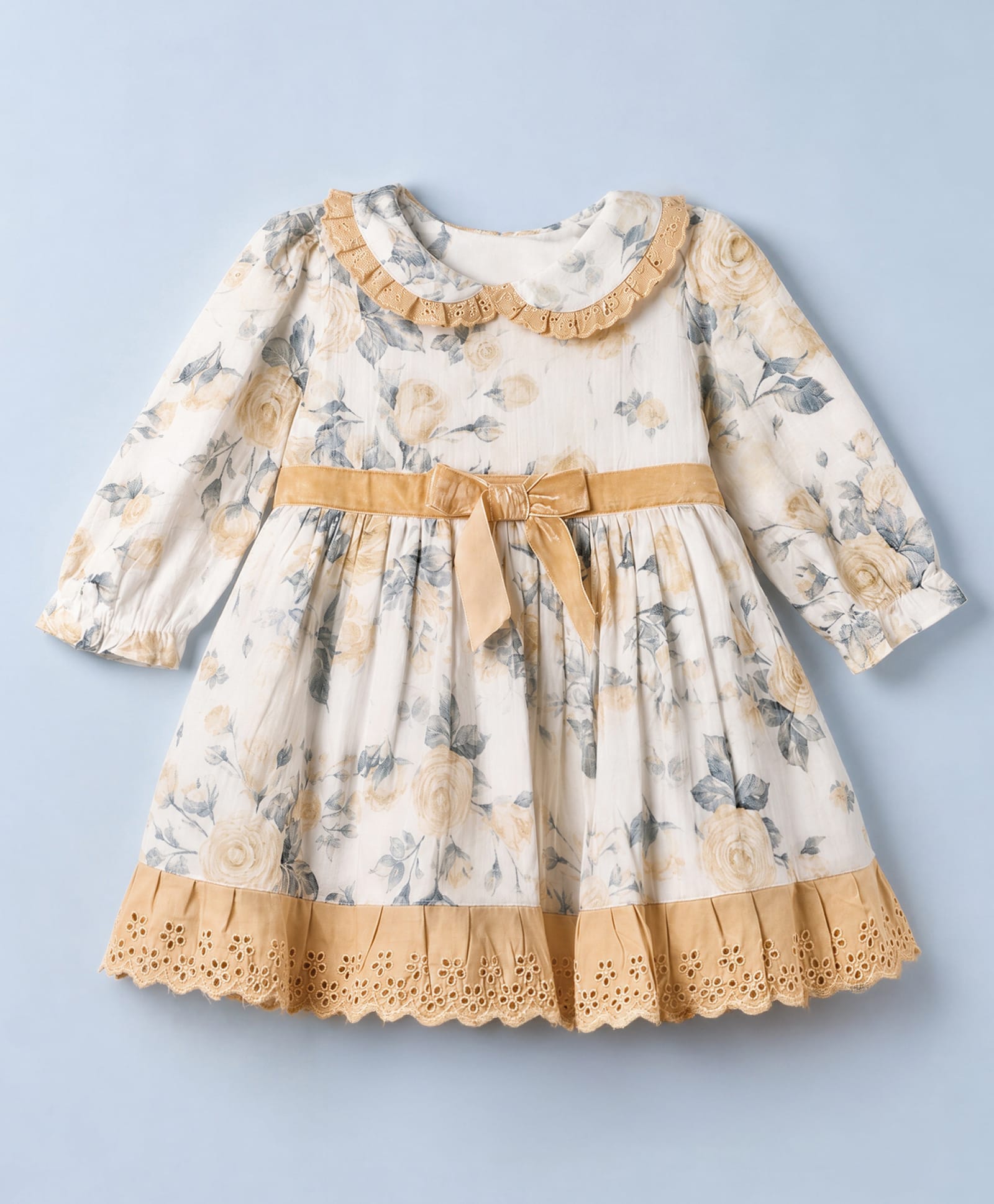 ToffyHouse Cotton Woven Dress with Full Sleeves and Floral Print - Offwhite-image-0