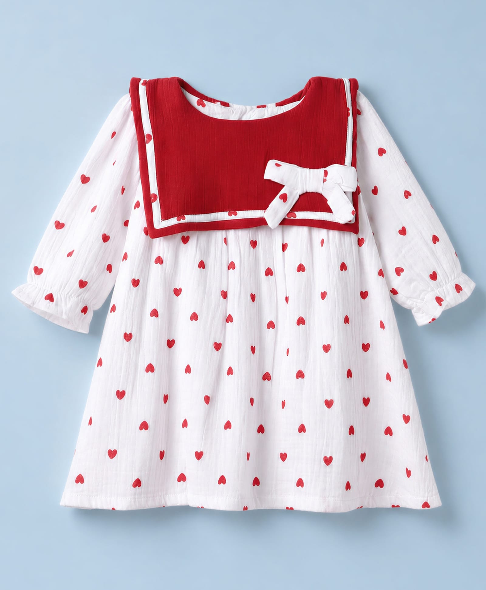 ToffyHouse Muslin Woven Full Sleeves Dress with Hearts Print & Bow Applique - White-picture-37