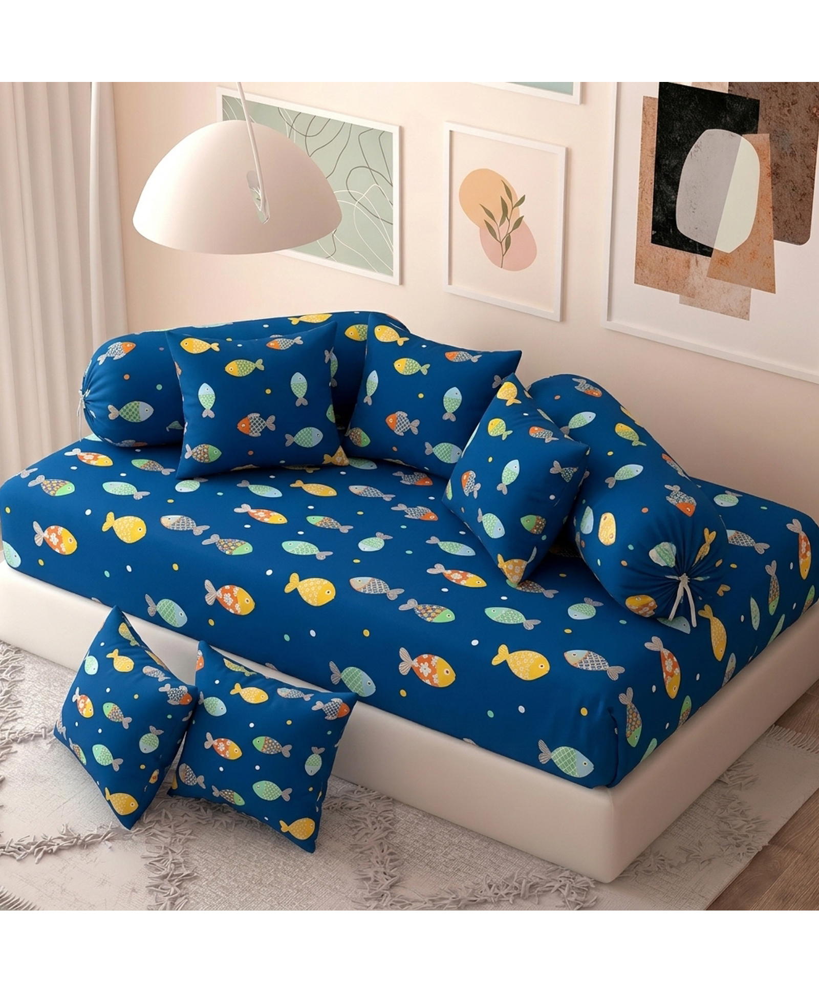 Filymore Blue fish design Diwan set , Super Soft Microfiber Bed Sheet with 5 cushion Covers and 2 blosters, Bedsheet Size 90x60 Inch, Blue and yellow-image-44