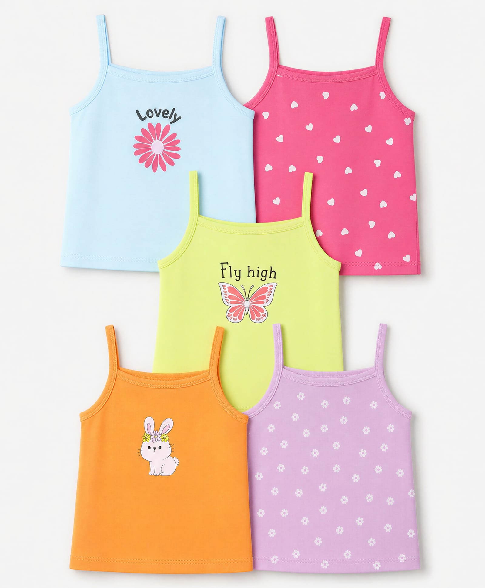 Doodle Poodle 100% Cotton Single Jersey Knit Sleeveless Slip With Floral, Heart & Butterfly Print Pack of 5 - Lilac, Dark Pink, Light Blue, Orange & Yellow-image-19