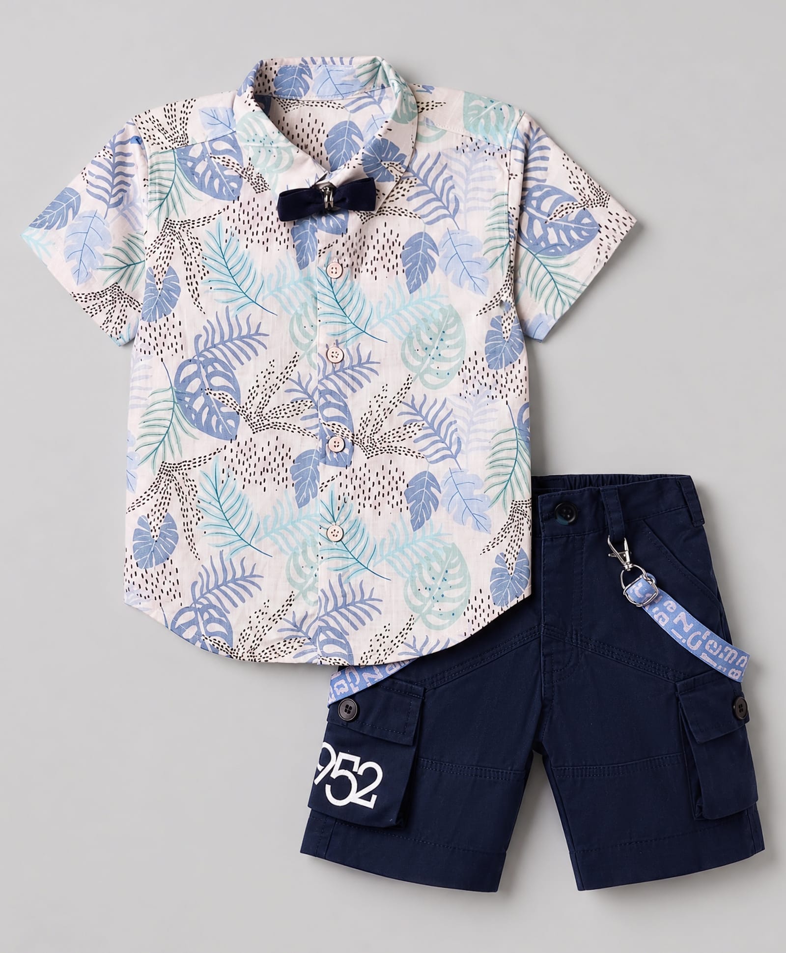 Dapper Dudes Cotton Woven Half Sleeves Leaf Printed Suspender Shirt With Bow & Shorts - Pink & Blue-image-22