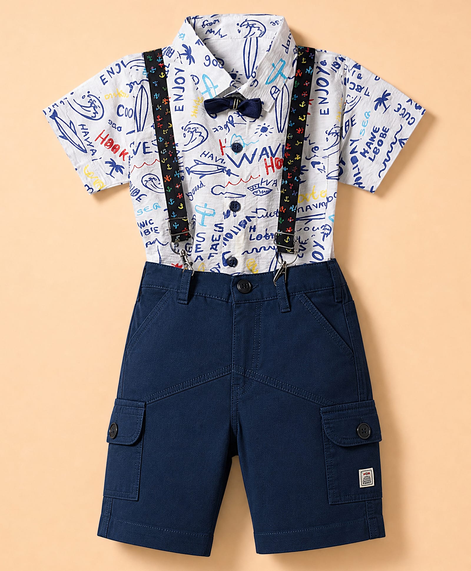 Dapper Dudes Cotton Woven Half Sleeves Text Printed Shirt With Bow & Shorts - Navy-image-43