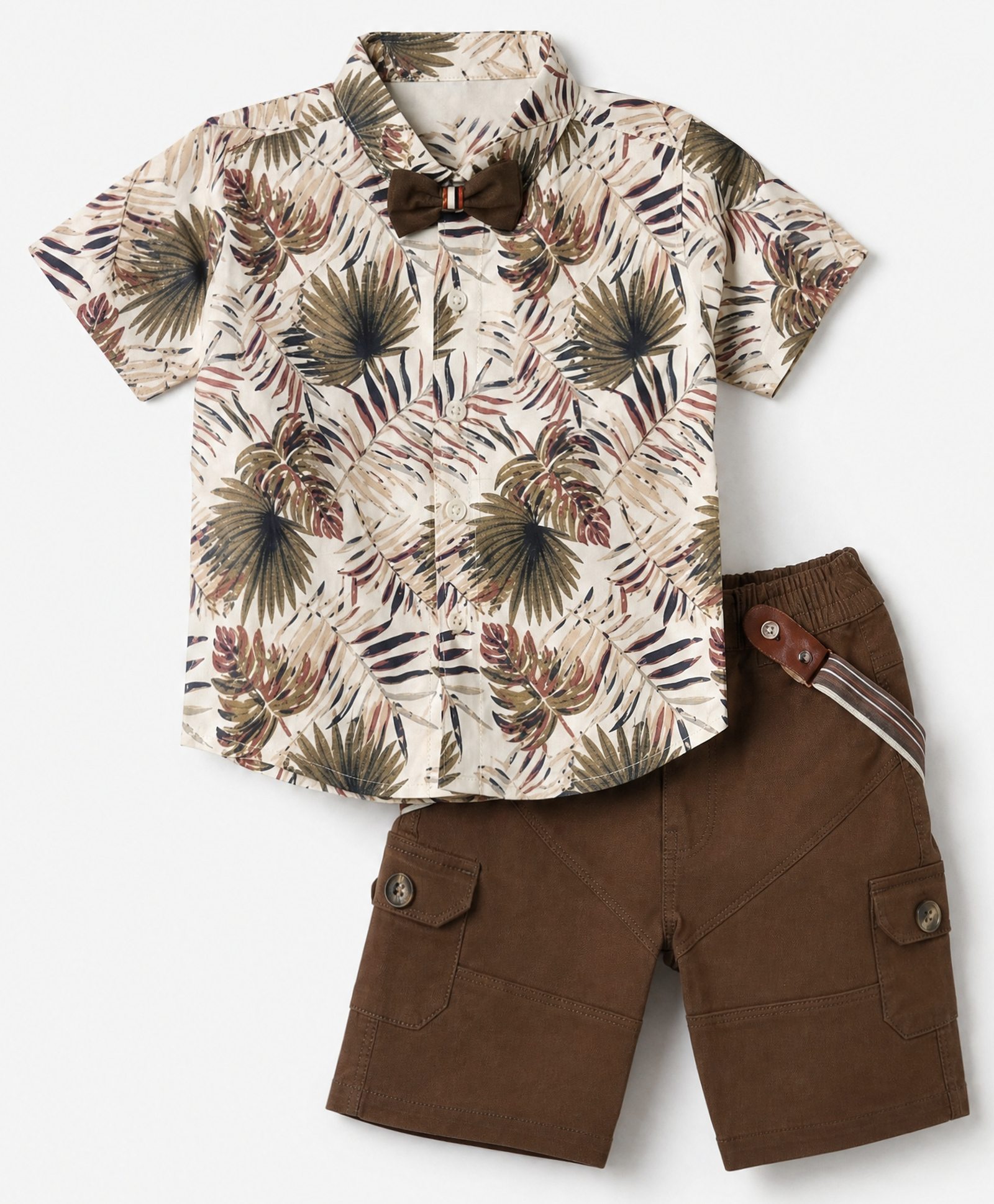 Dapper Dudes Cotton Woven Half Sleeves Palm Tree Printed Suspender Shirt With Bow & Shorts - Brown-image-46