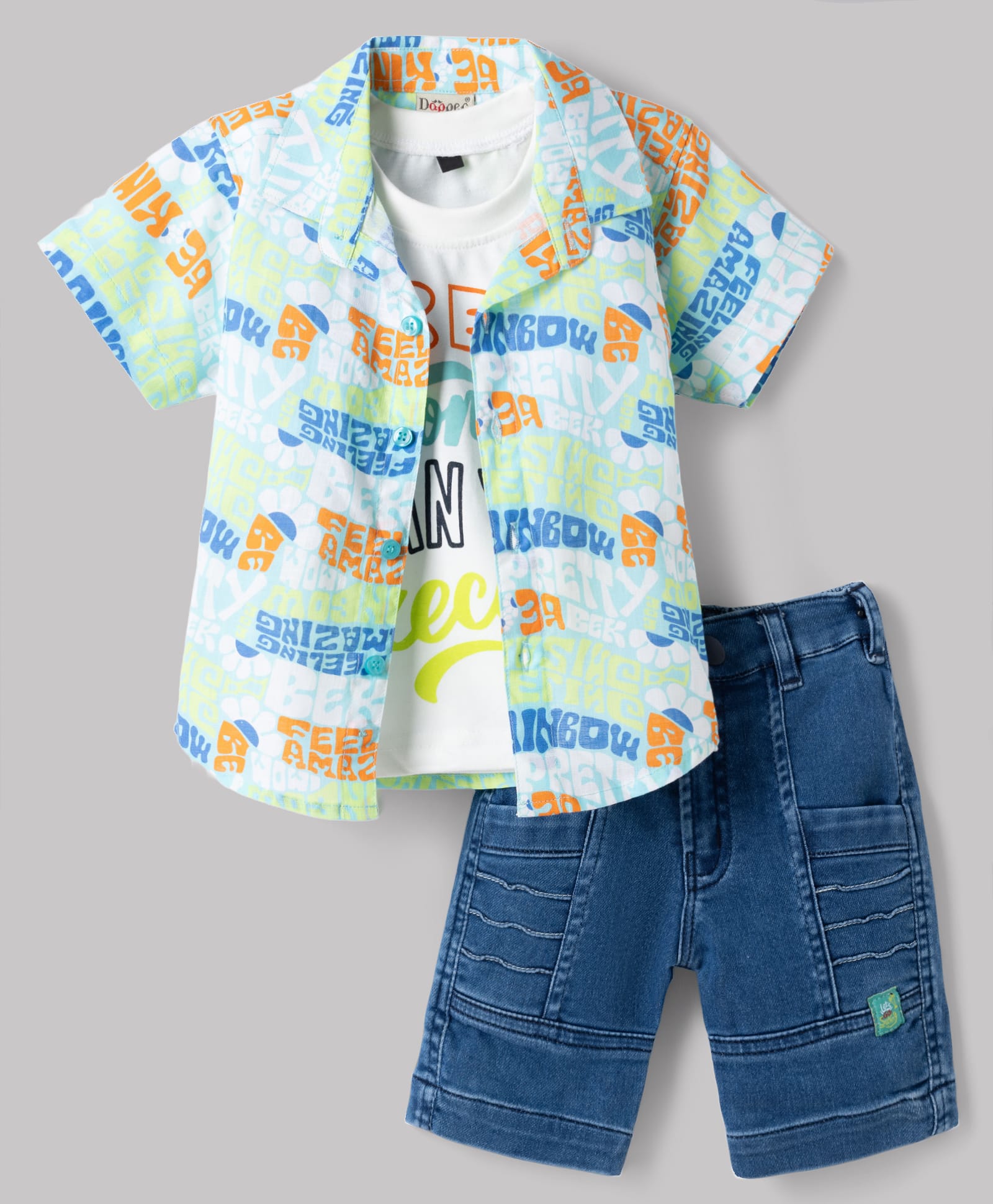 Dapper Dudes Cotton Woven Half Sleeves Text Printed Shirt With Tee & Shorts - Green-image-43