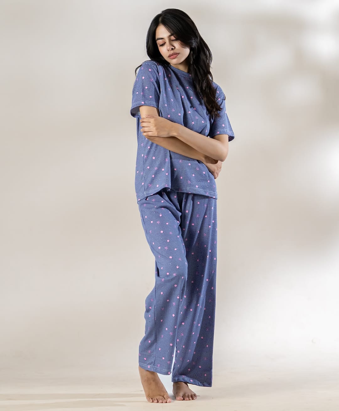 Piu Knitted Knit Half Sleeves Heart Printed Coordinating Tee & Pajama Night Suit - Blue-picture-4