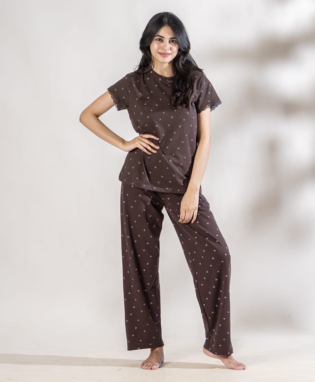 Piu Knitted Knit Half Sleeves Heart Printed Coordinating Tee & Pajama Night Suit - Brown-image-37