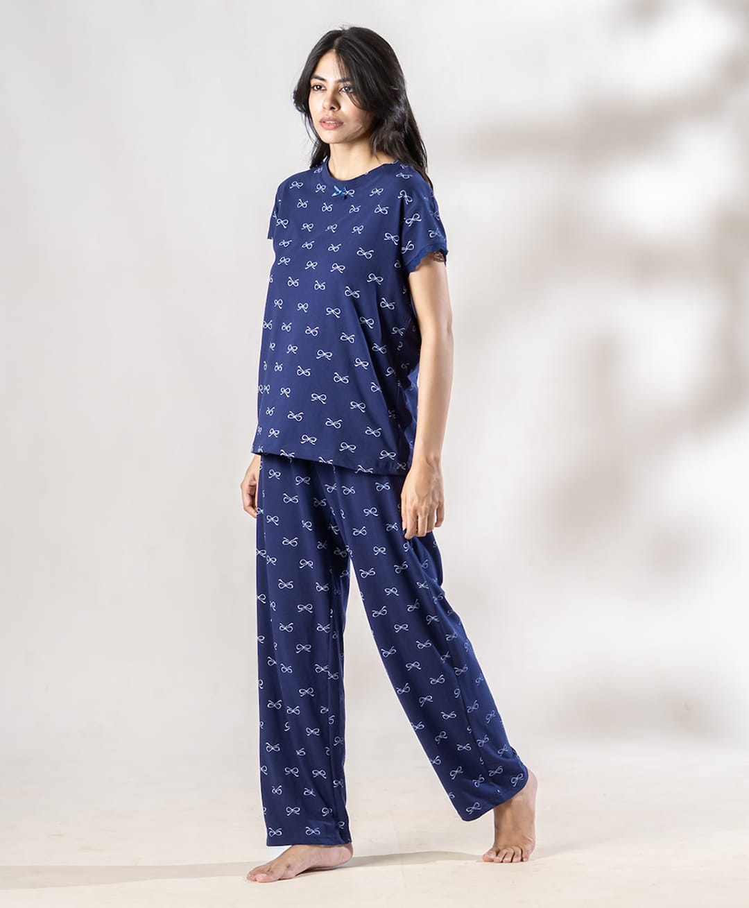 Piu Knitted Knit Half Sleeves Bow Printed Coordinating Tee & Pajama Night Suit - Blue-picture-5