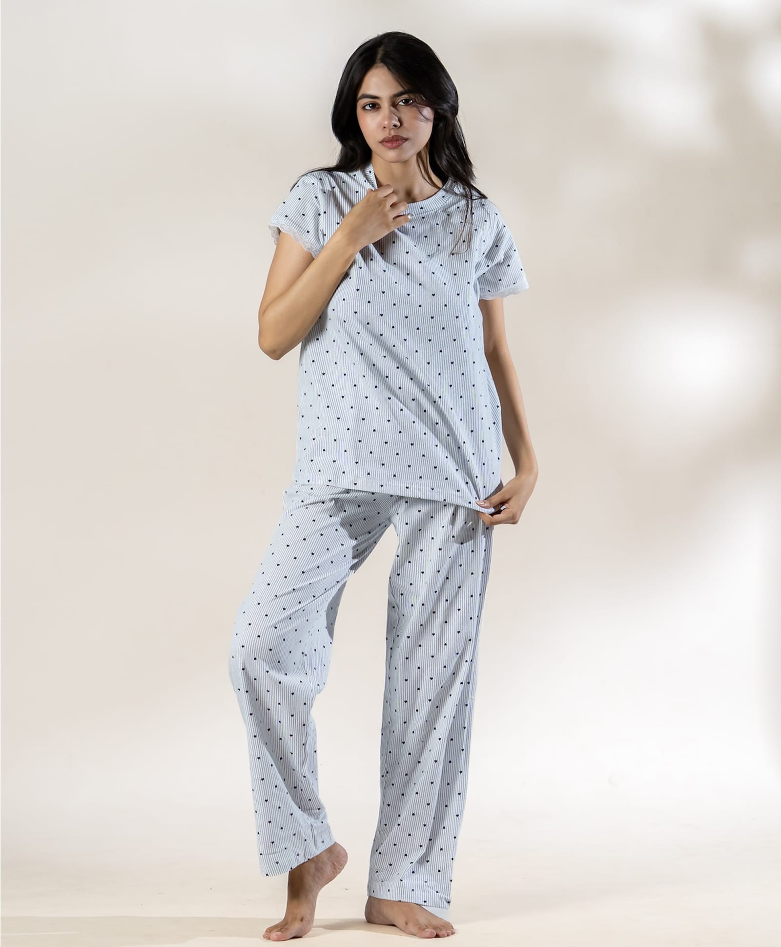 Piu Cotton Knitted Half Sleeves Hearts Printed Striped Coordinating Top & Pant Night Suit - White-picture-15