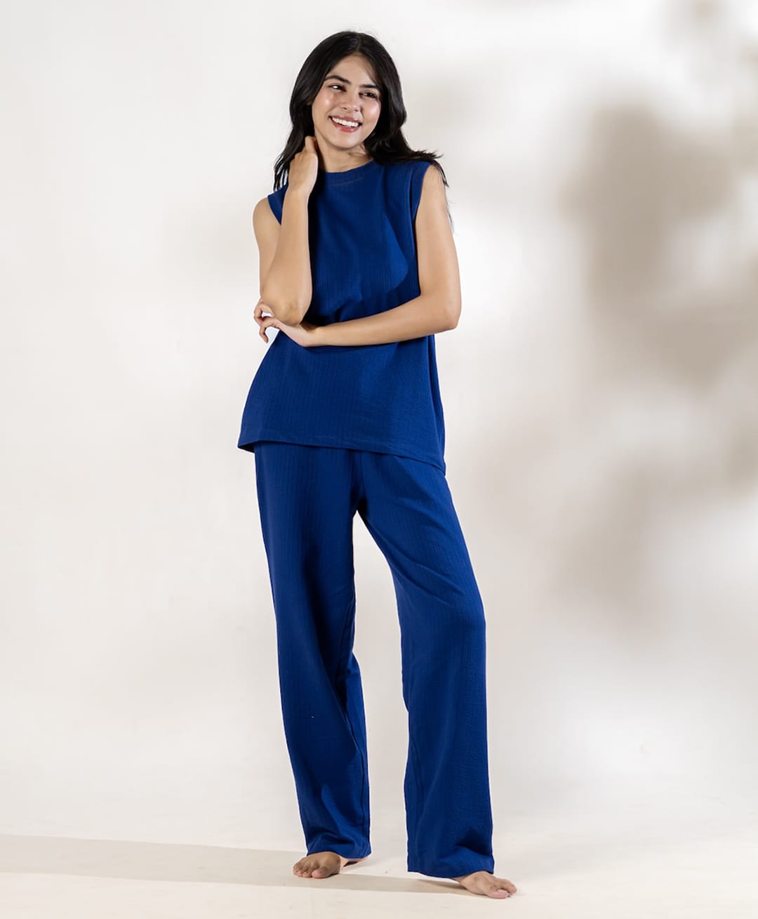 Piu Cotton Knit Sleeveless Solid Printed Tee & Pajama Night Suit - Blue-picture-7
