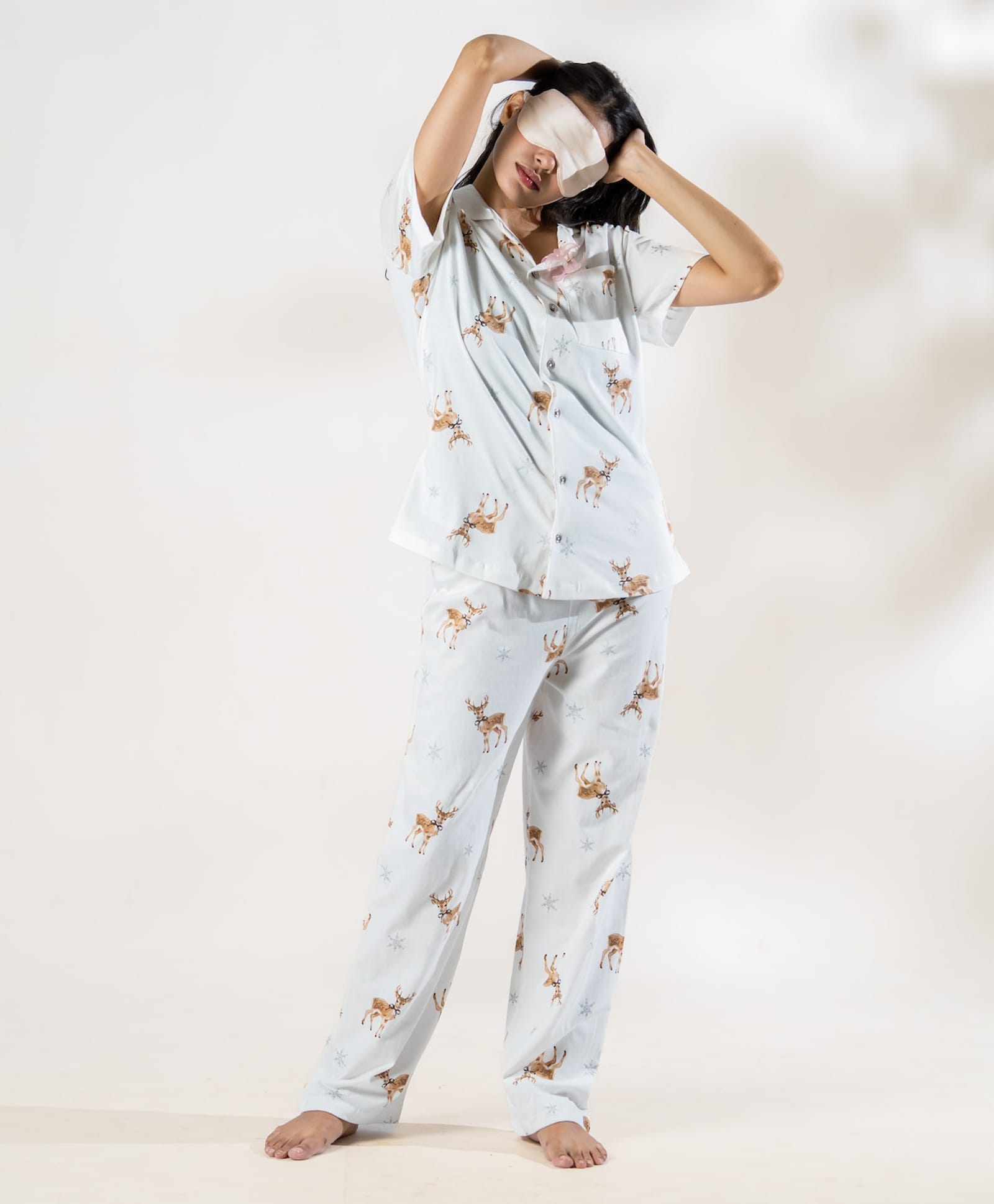 Piu Cotton Knitted Half Sleeves Deer Printed Coordinating Shirt & Pant Night Suit - White-picture-12