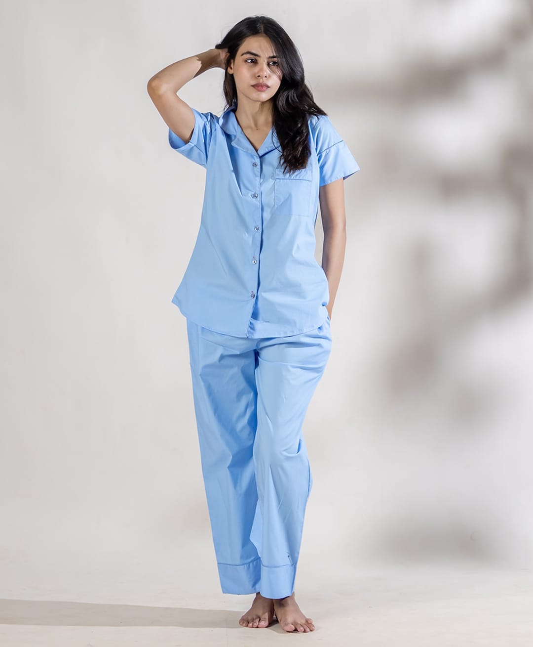 Piu Cotton Woven Half Sleeves Solid Shirt & Pajama Night Suit - Blue-picture-8