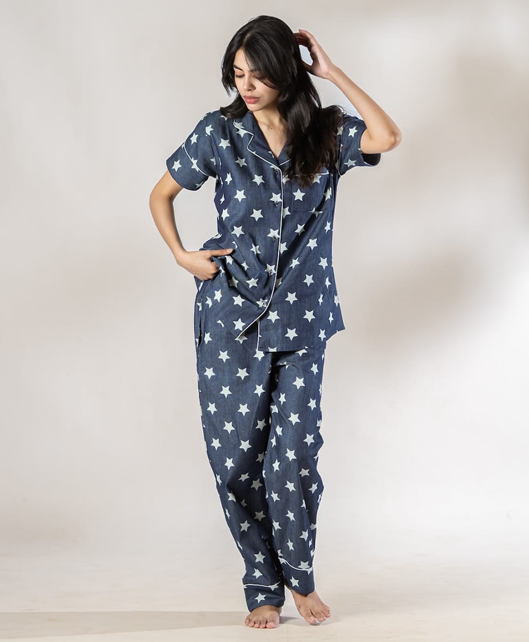 Piu Cotton Woven Half Sleeves Stars Printed Coordinating Shirt & Pajama Night Suit - Blue-picture-1
