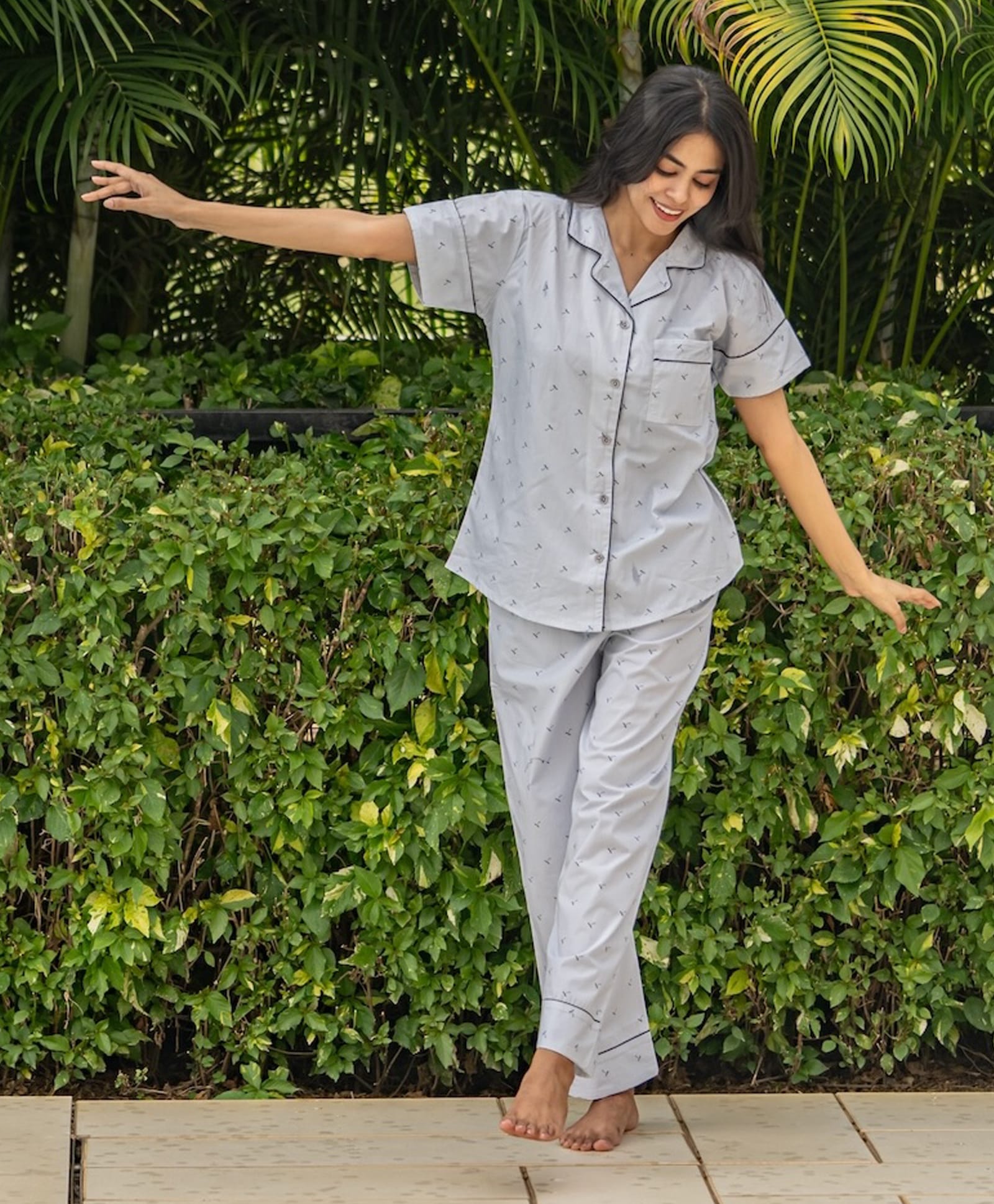 Piu Cotton Knitted Half Sleeves Abstract Printed Coordinating Shirt & Pant Night Suit - White-picture-14