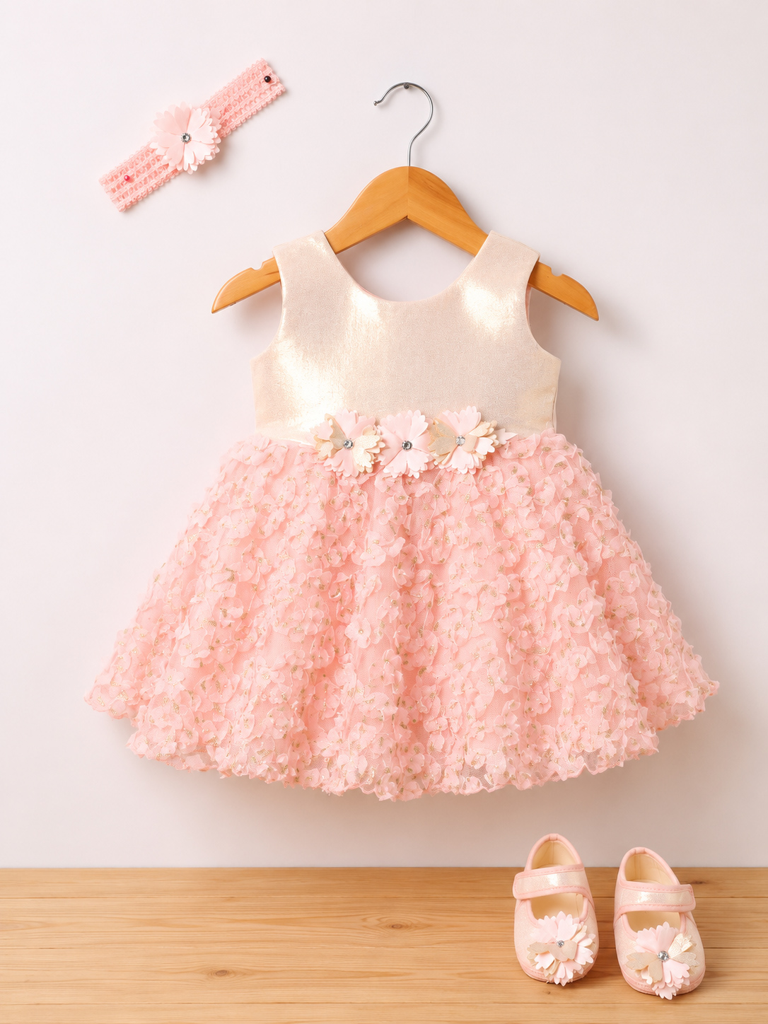 Enfance Georgette Knit Sleeveless Flower Detailed Dress With Headband & Booties - Peach-picture-40