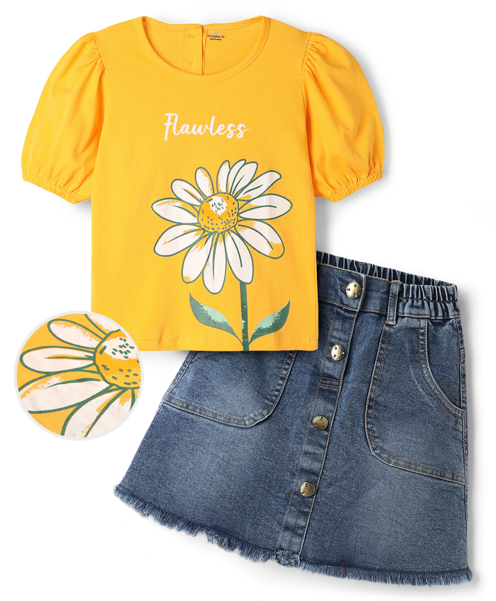 OLLINGTON ST. Sinker Knit Half Sleeves Top With Floral & Text Print & Denim Skirt - Mustard & Indigo-image-46