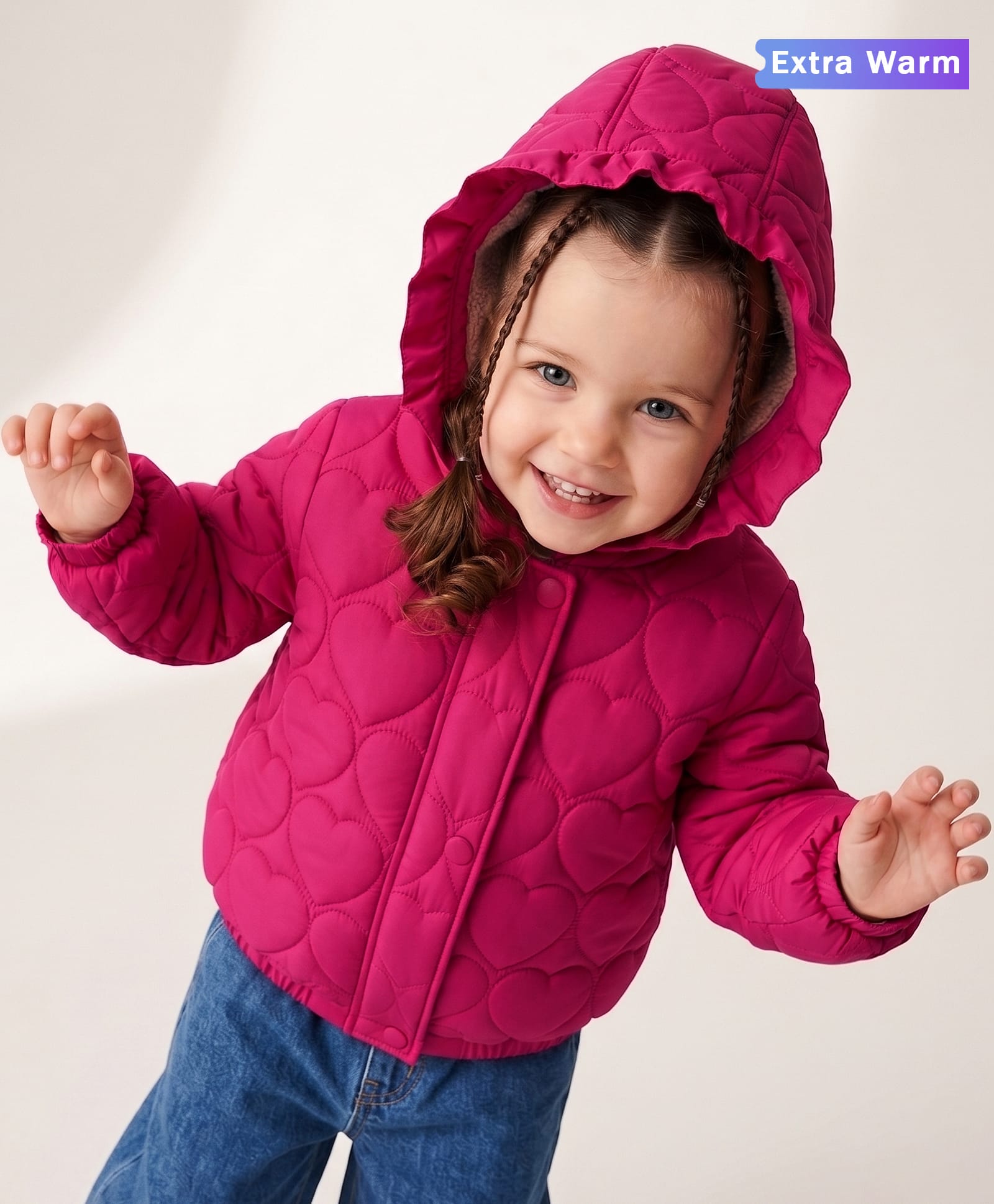 Babyoye Woven Padded Winter Jacket with Full Sleeves and Heart Print - Pink-image-38