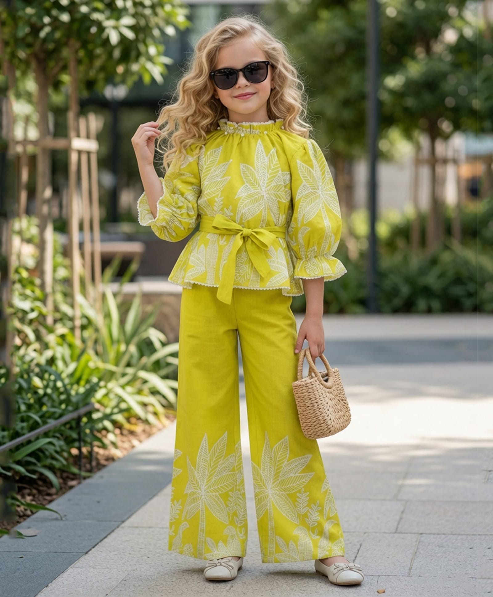 Cutiekins Rayon Woven Three Fourth Sleeves Leaves Printed Top & Palazzo - Lime Green-picture-18