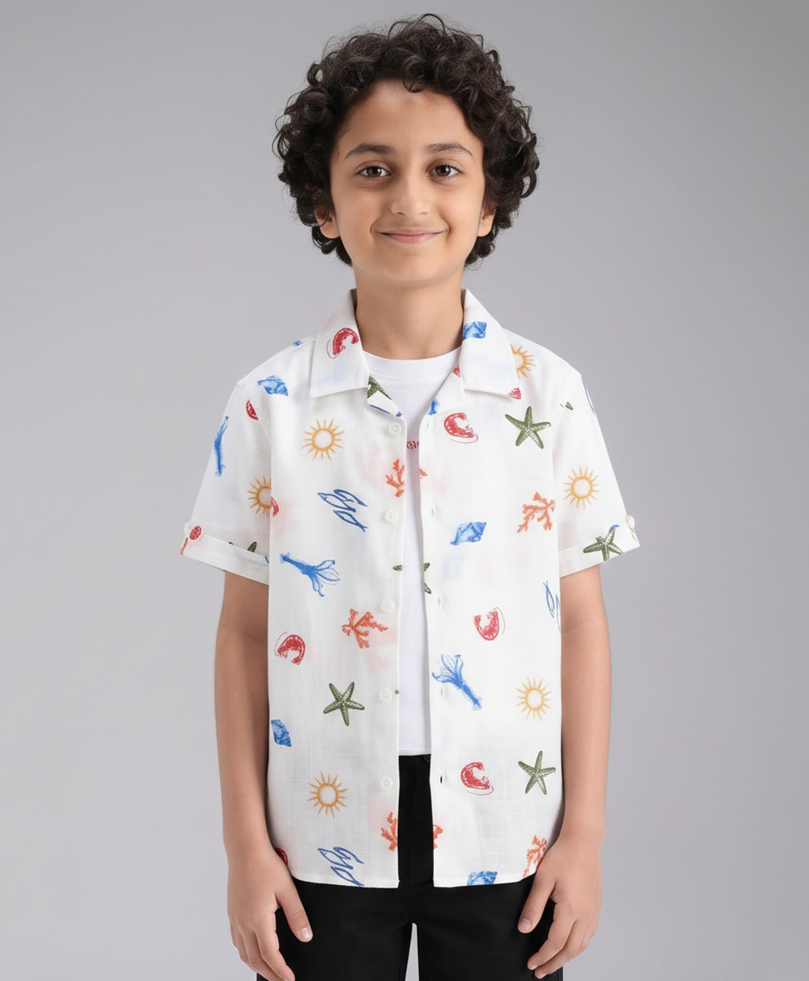 The Lion and the Fish Woven Half Sleeves Beach Theme Printed Shirt - Aqua White-picture-19