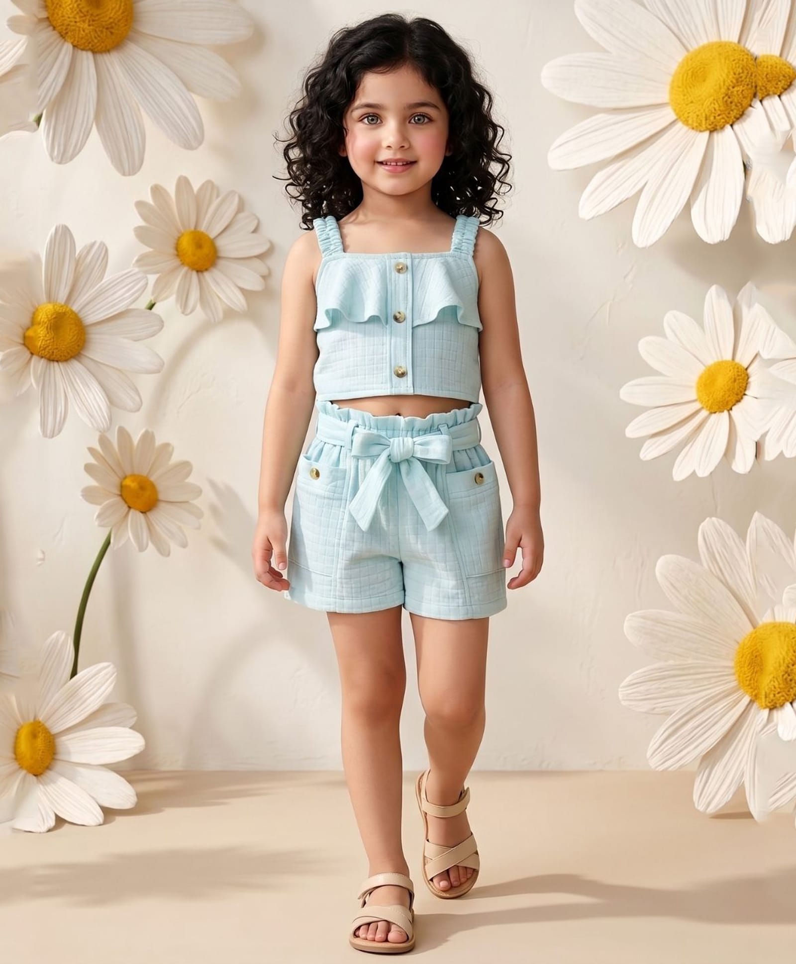 AJ Dezines Cotton Woven Sleeveless Frill Detailed Top & Shorts Set - Blue-picture-32