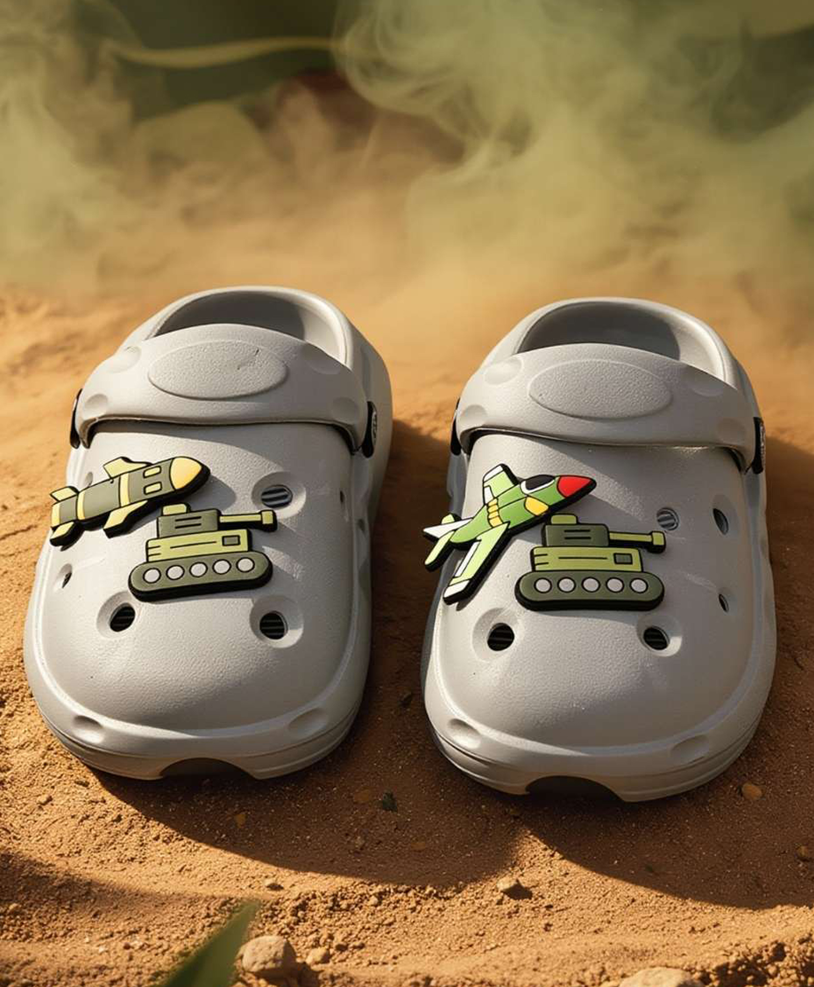 Yellow Bee Military Theme Applique Detailed Perforated Slingback Clogs - Grey-picture-22