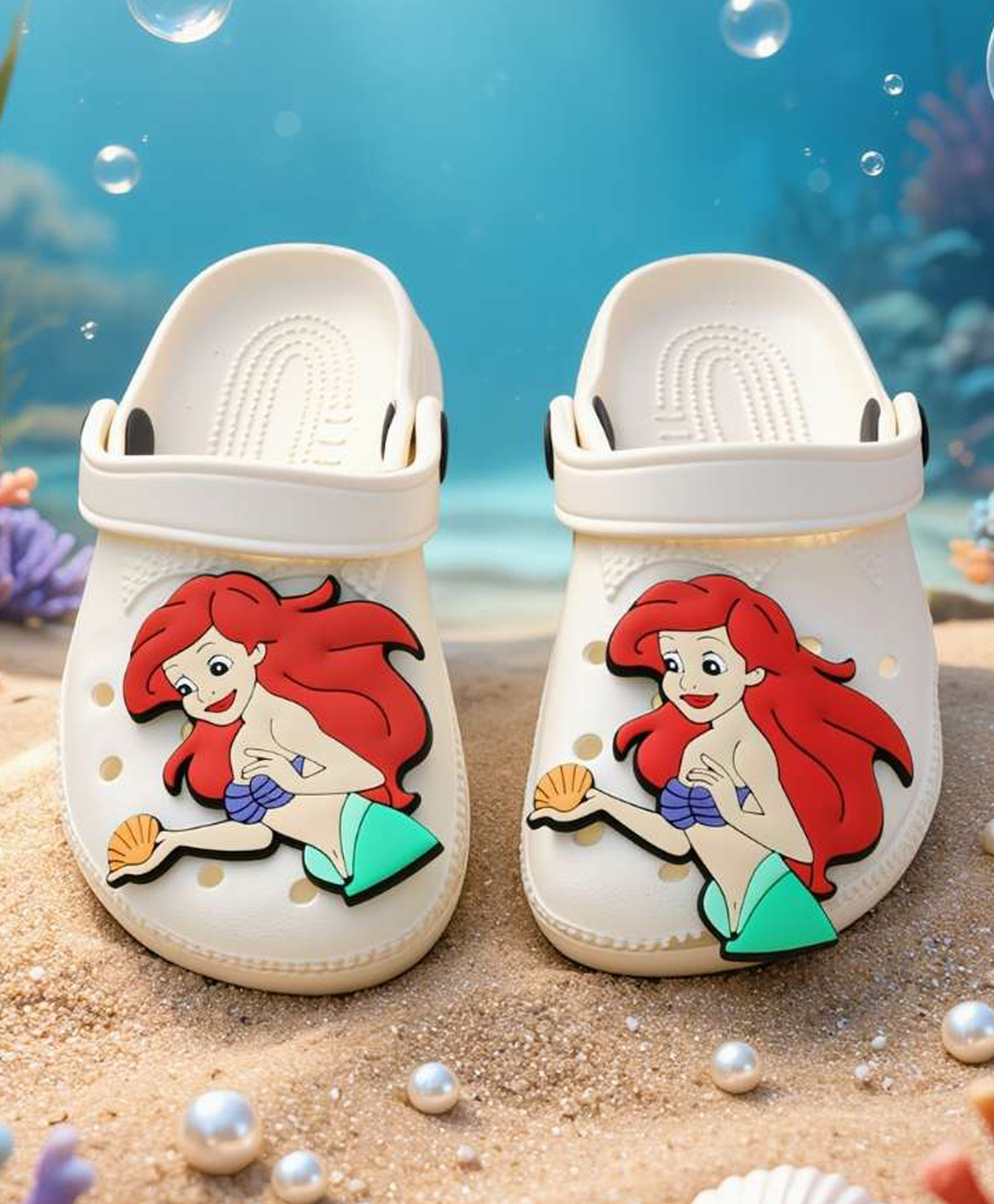Yellow Bee Disney The Little Mermaid Featuring Princess Ariel Applique Detailed Perforated Slingback Clogs - White-picture-22