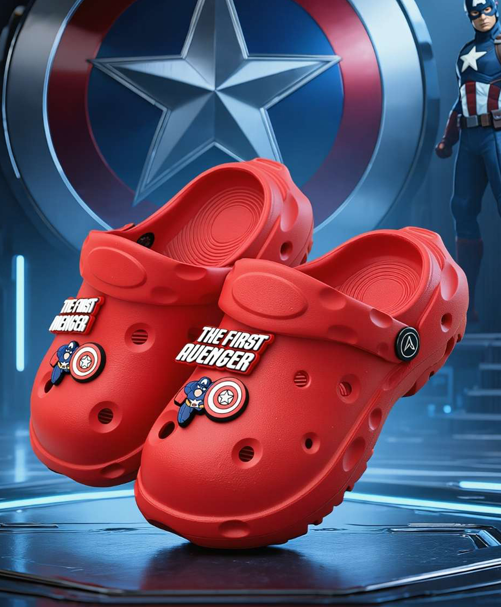 Yellow Bee Marvel Featuring Captain America Applique Detailed Perforated Slingback Clogs - Red-picture-21