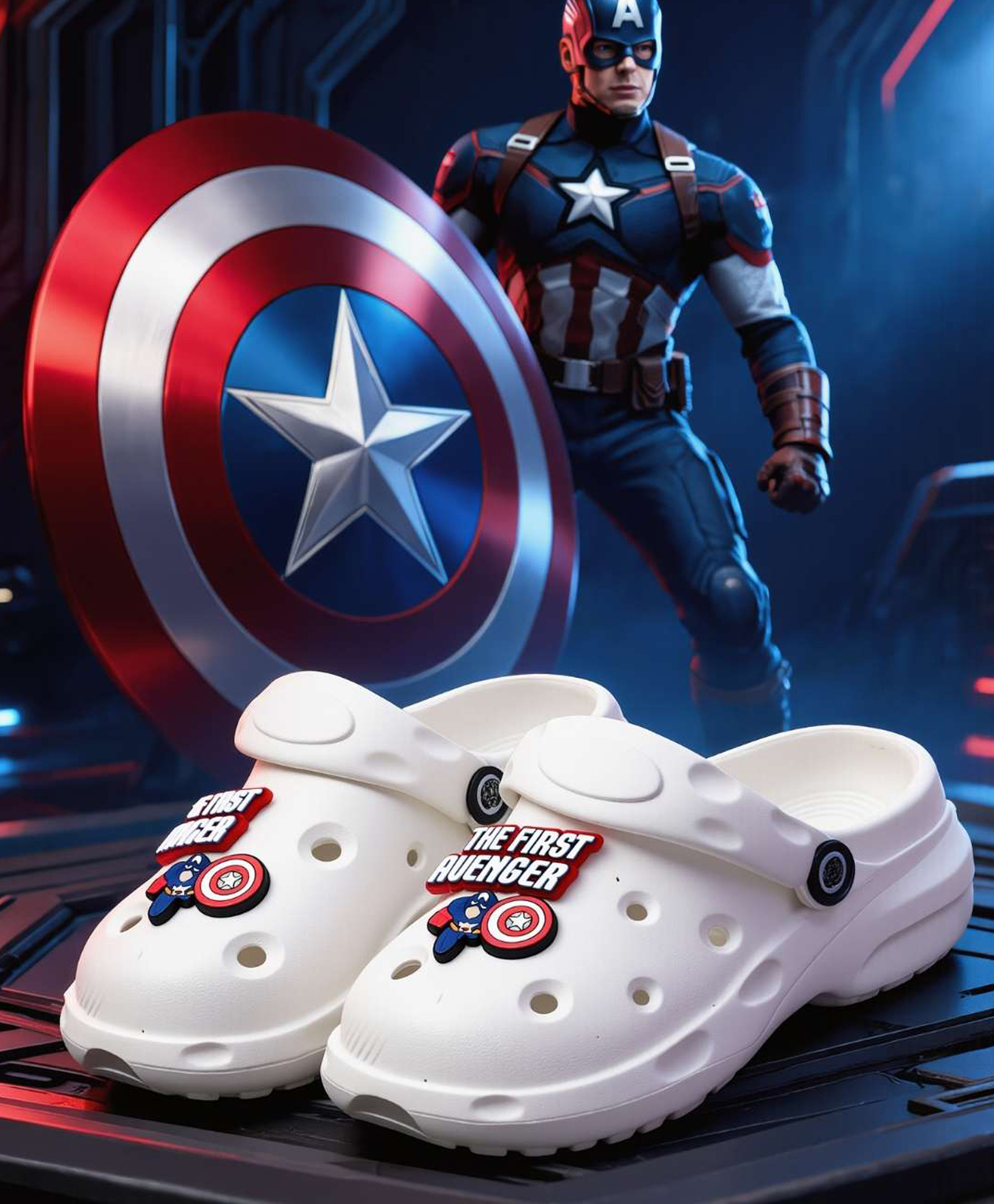 Yellow Bee Marvel Featuring Captain America Applique Detailed Perforated Slingback Clogs - White-picture-6