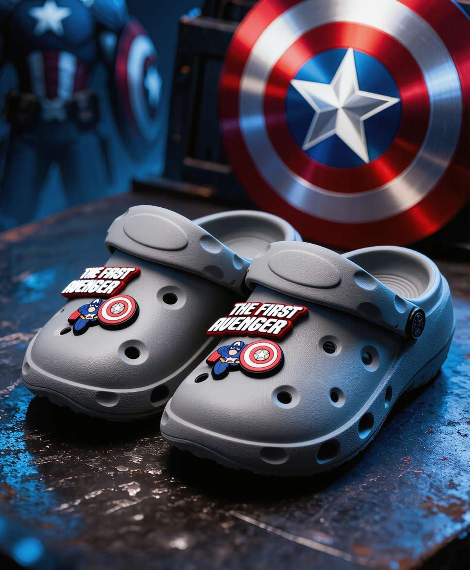 Yellow Bee Marvel Featuring Captain America Applique Detailed Perforated Slingback Clogs - Grey-image-25