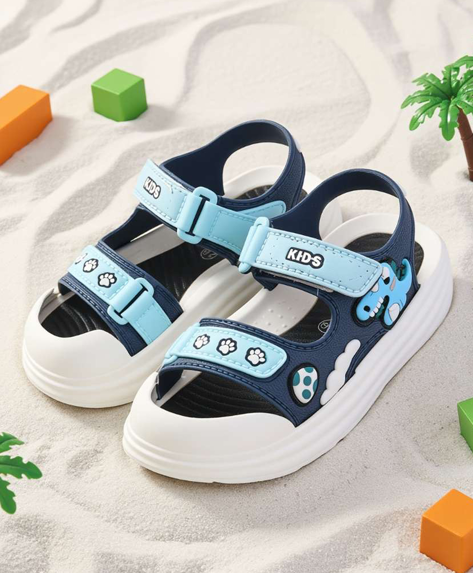 Yellow Bee Dinosaur Design Velcro Closure Sandals - Blue-picture-25