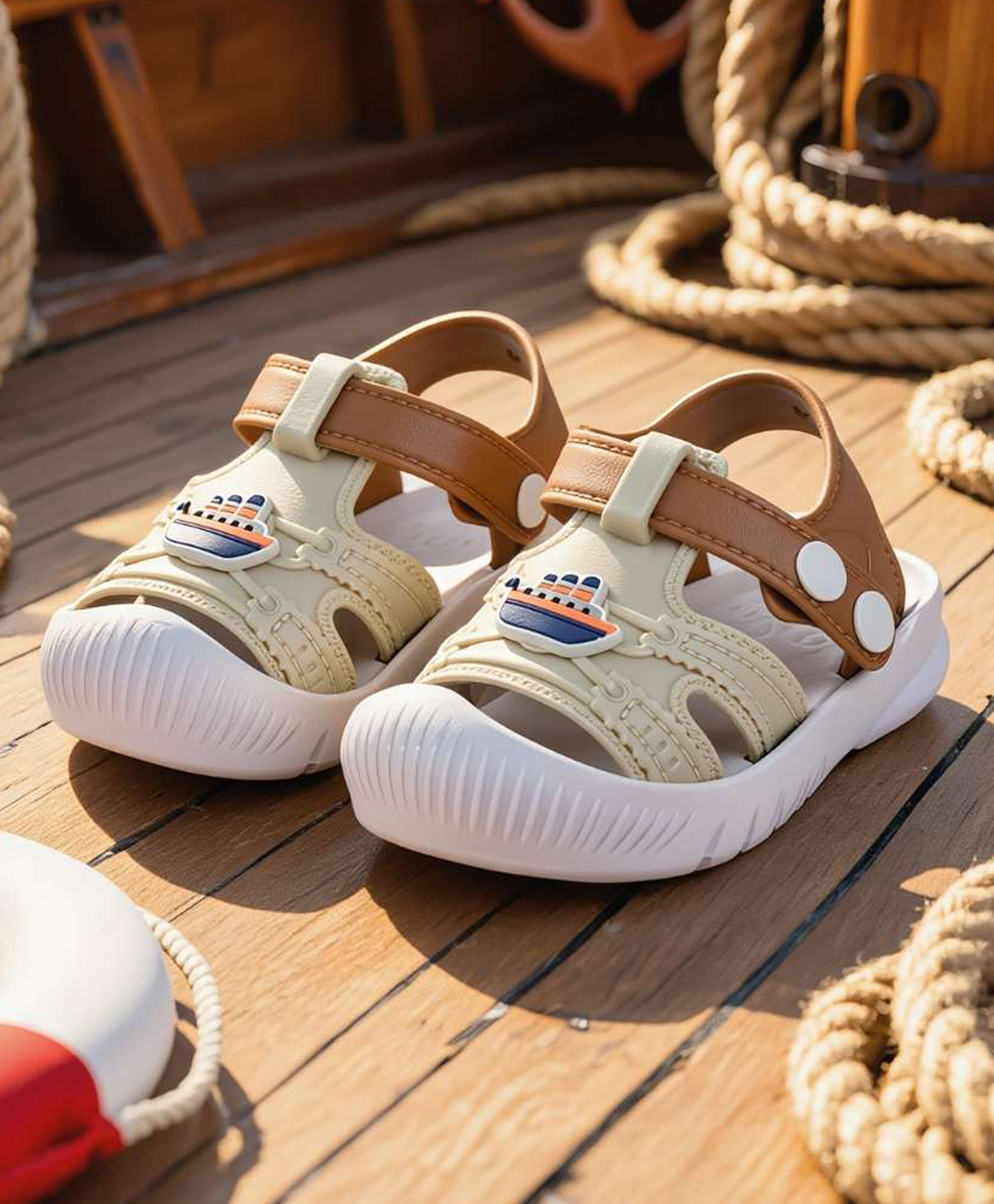 Yellow Bee Ship Applique Detailed Button Closure Sandals - Beige & Brown-picture-20