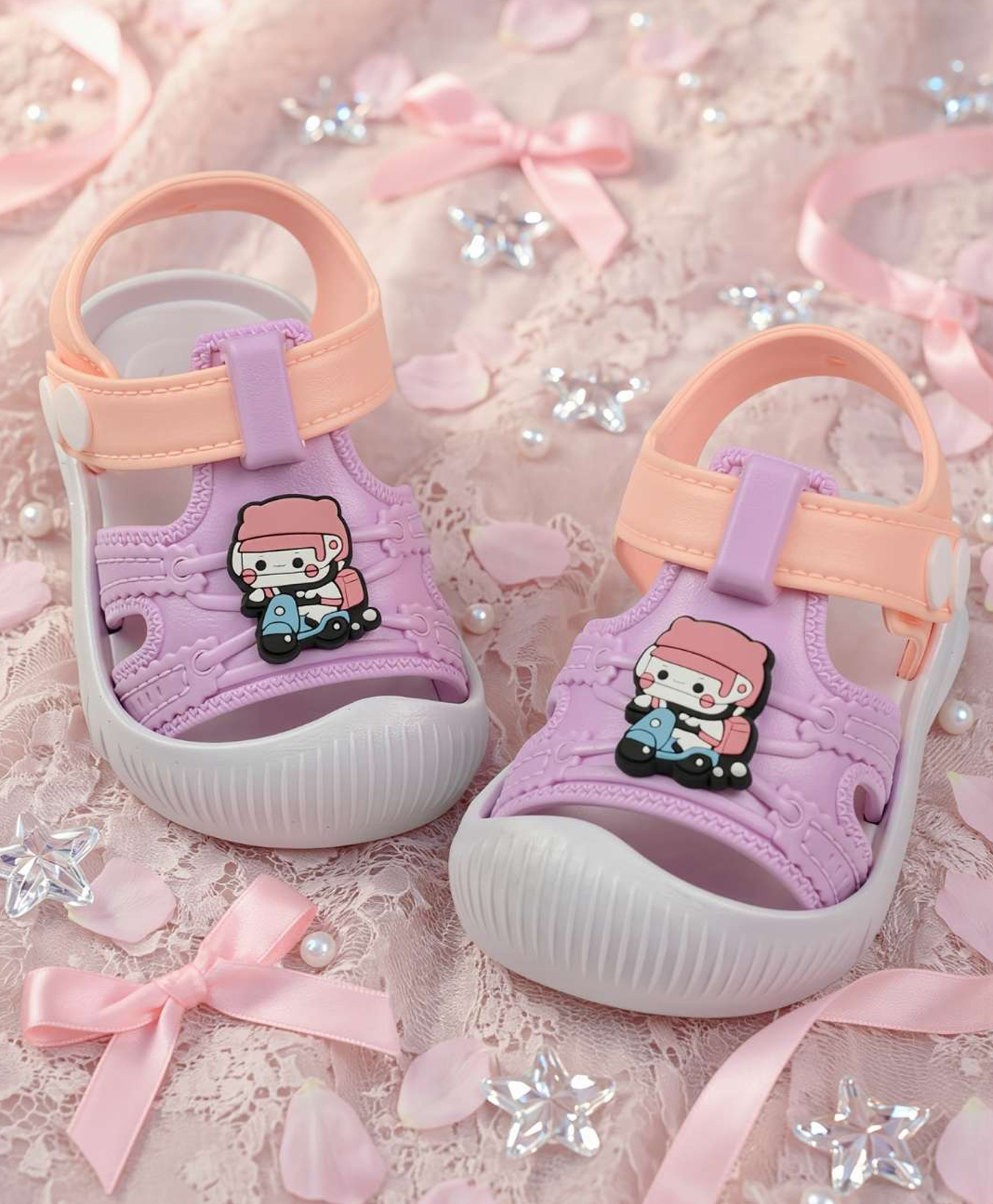 Yellow Bee Animal On Moped Applique Detailed Button Closure Sandals - Pink & Peach-picture-19