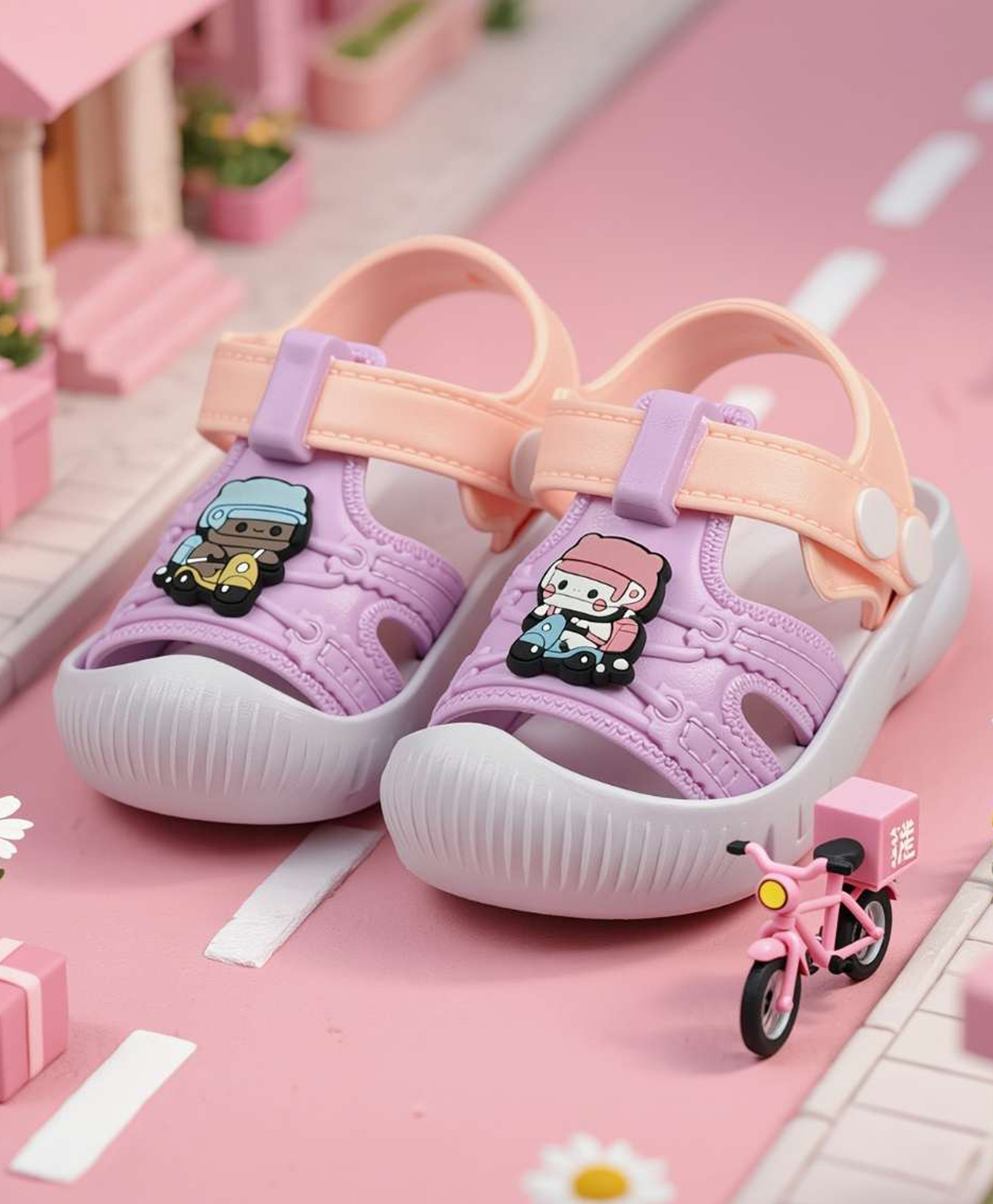 Yellow Bee Animal On Moped Applique Detailed Button Closure Sandals - Pink & Peach-picture-20