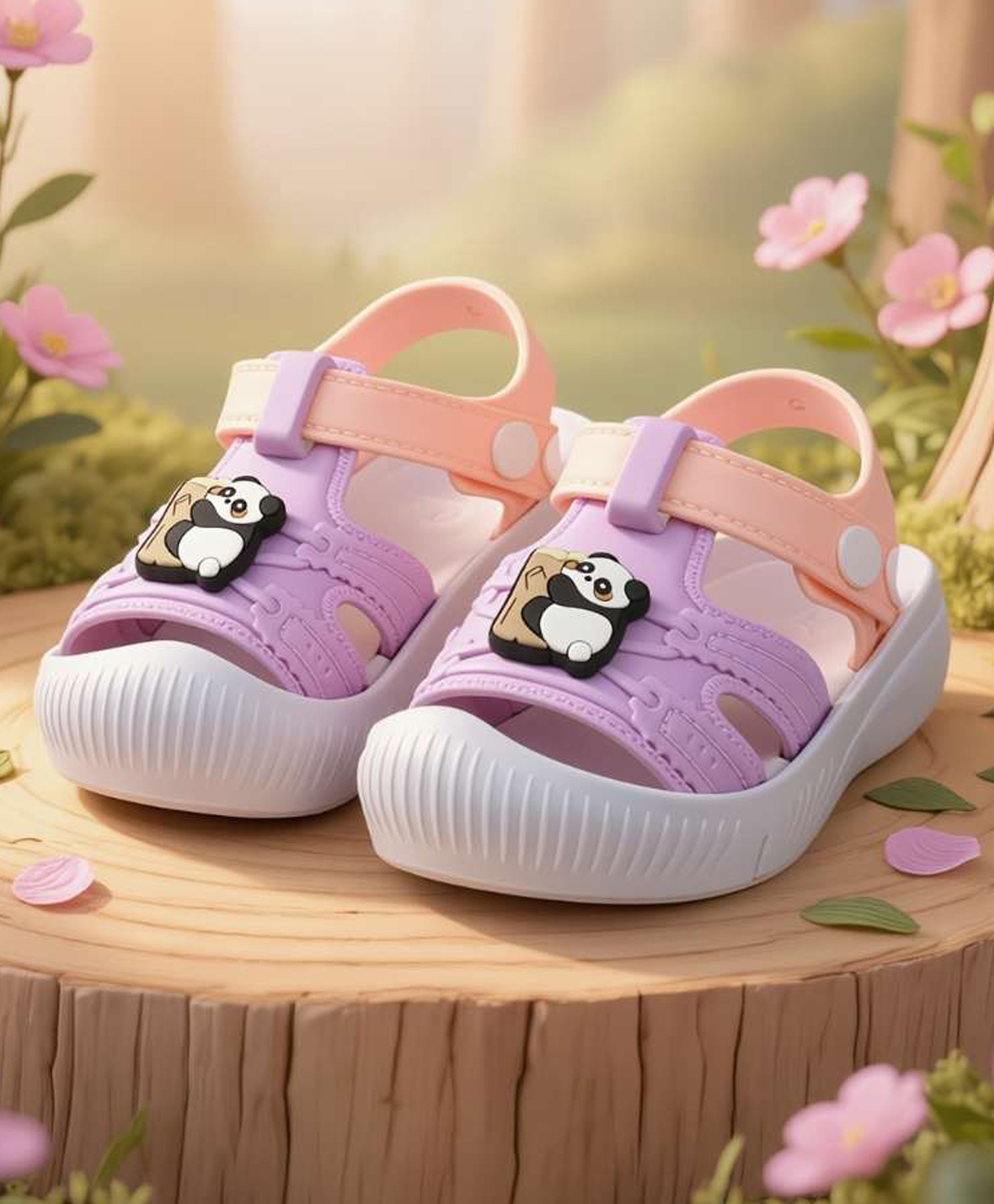 Yellow Bee Panda Applique Detailed Button Closure Sandals - Pink & Peach-picture-18