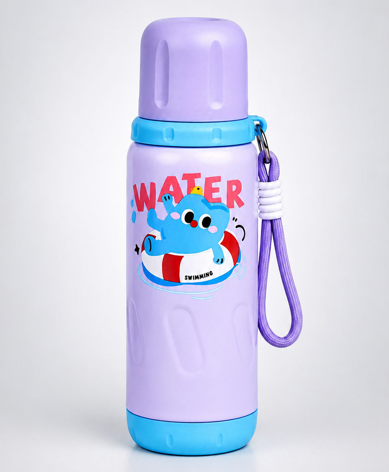 Little Surprise Box Purple Blue Water Swim Design Stainless Steel Thermos Water Bottle for Kids, Leakproof Insulated Flask, 600ml-Purple-image-29