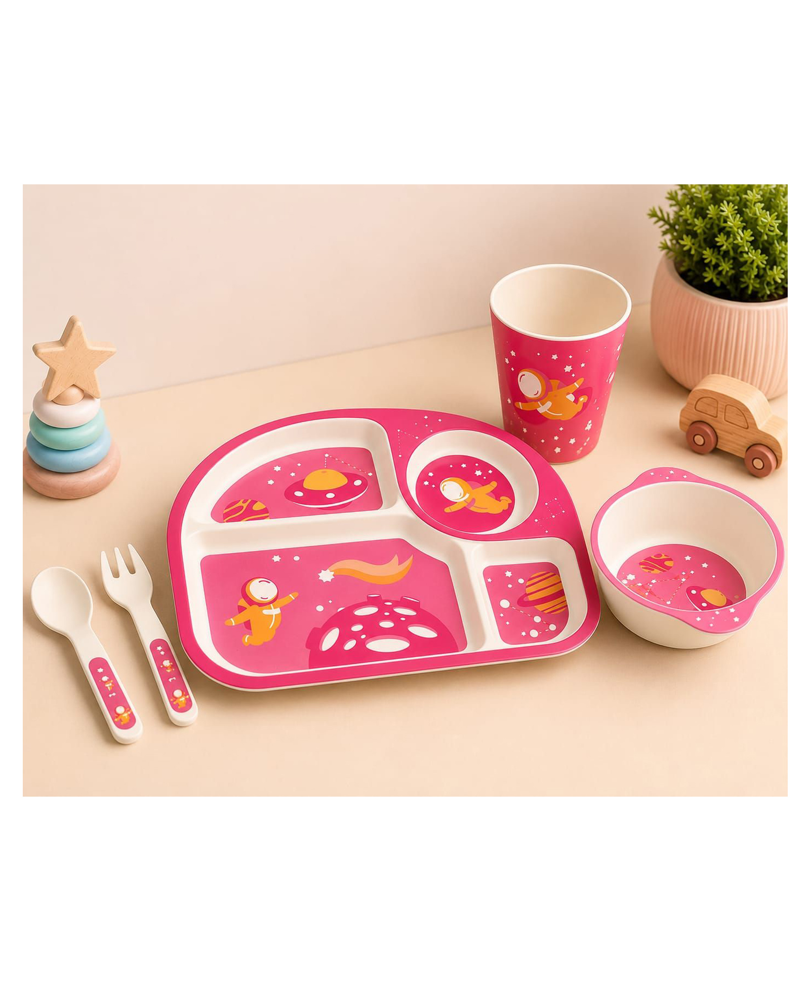 Kritiu Bamboo Fiber Kids Dinner Set | 5 Pcs Toddler Feeding Set with Plate, Bowl, Cup, Spoon & Fork | Space Theme | Pink-image-6