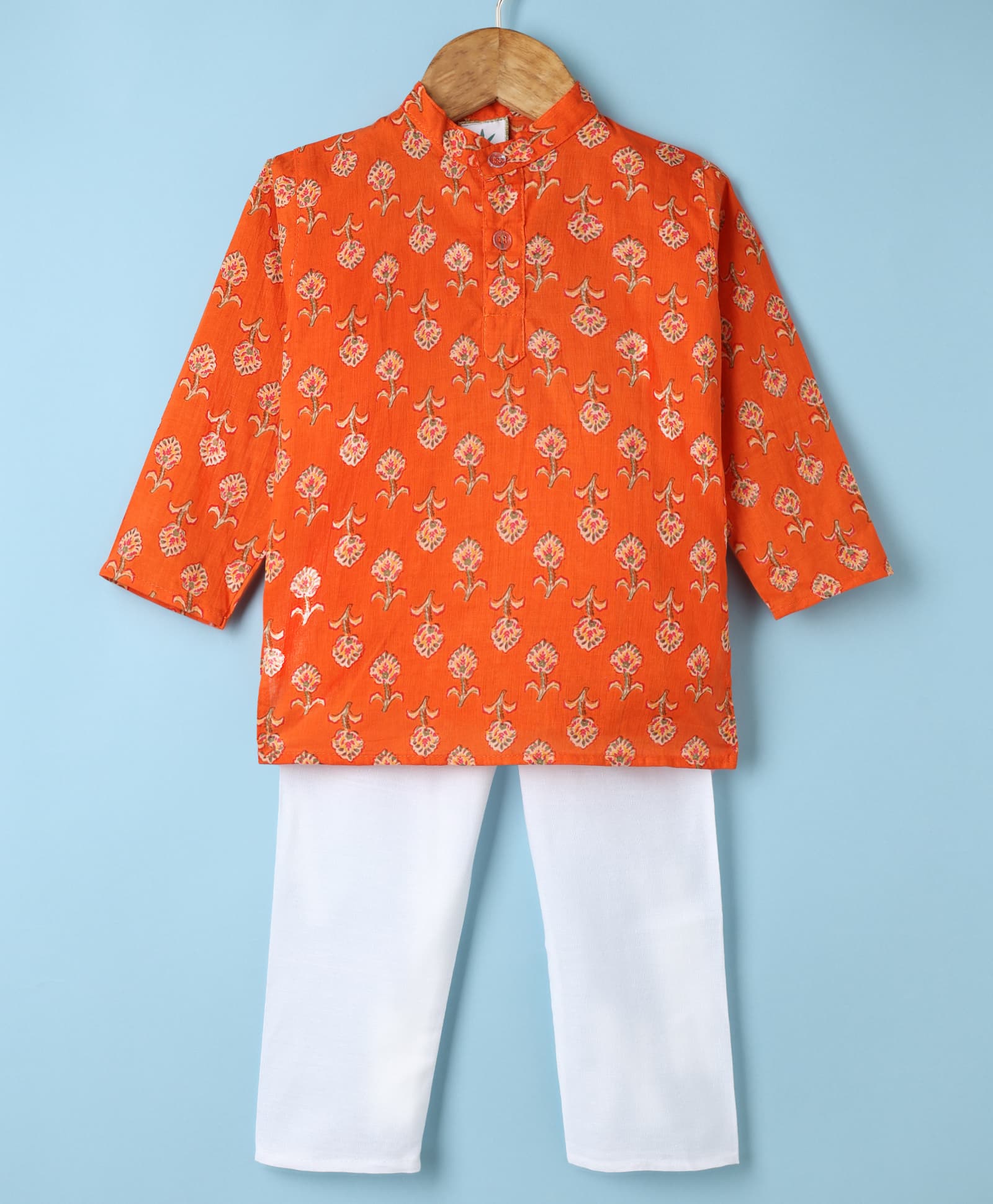Teentaare Cotton Woven Full Sleeves Floral Printed Kurta & Pyjama Set - Orange-image-25