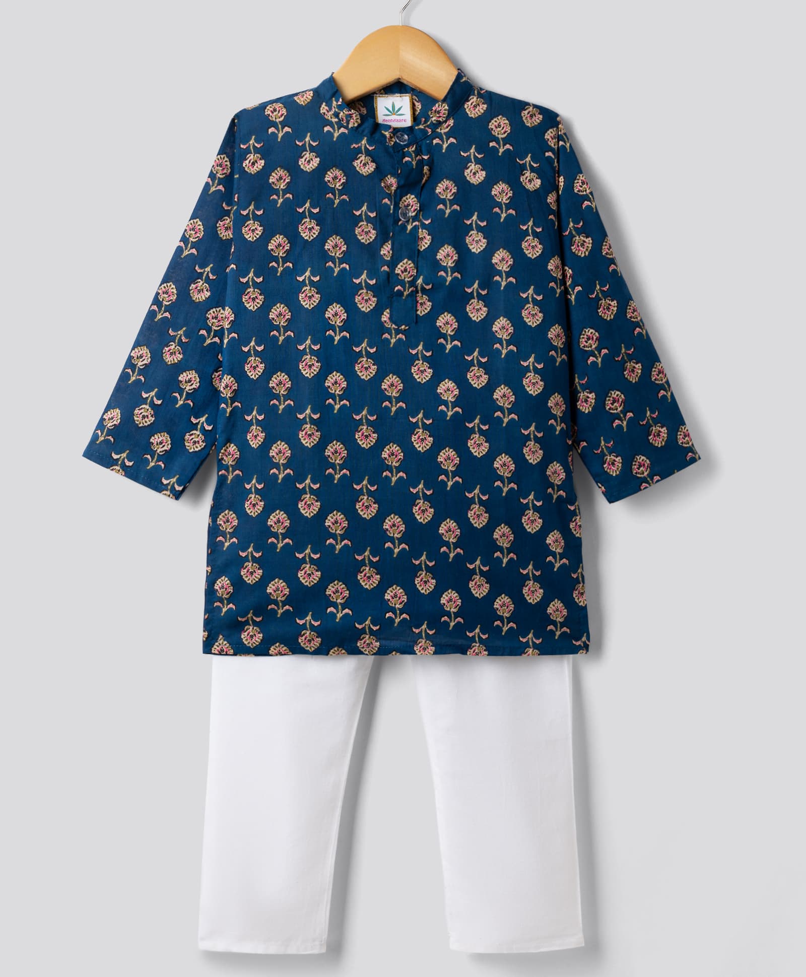 Teentaare Cotton Woven Full Sleeves Floral Printed Kurta & Pyjama Set - Navy Blue-picture-22