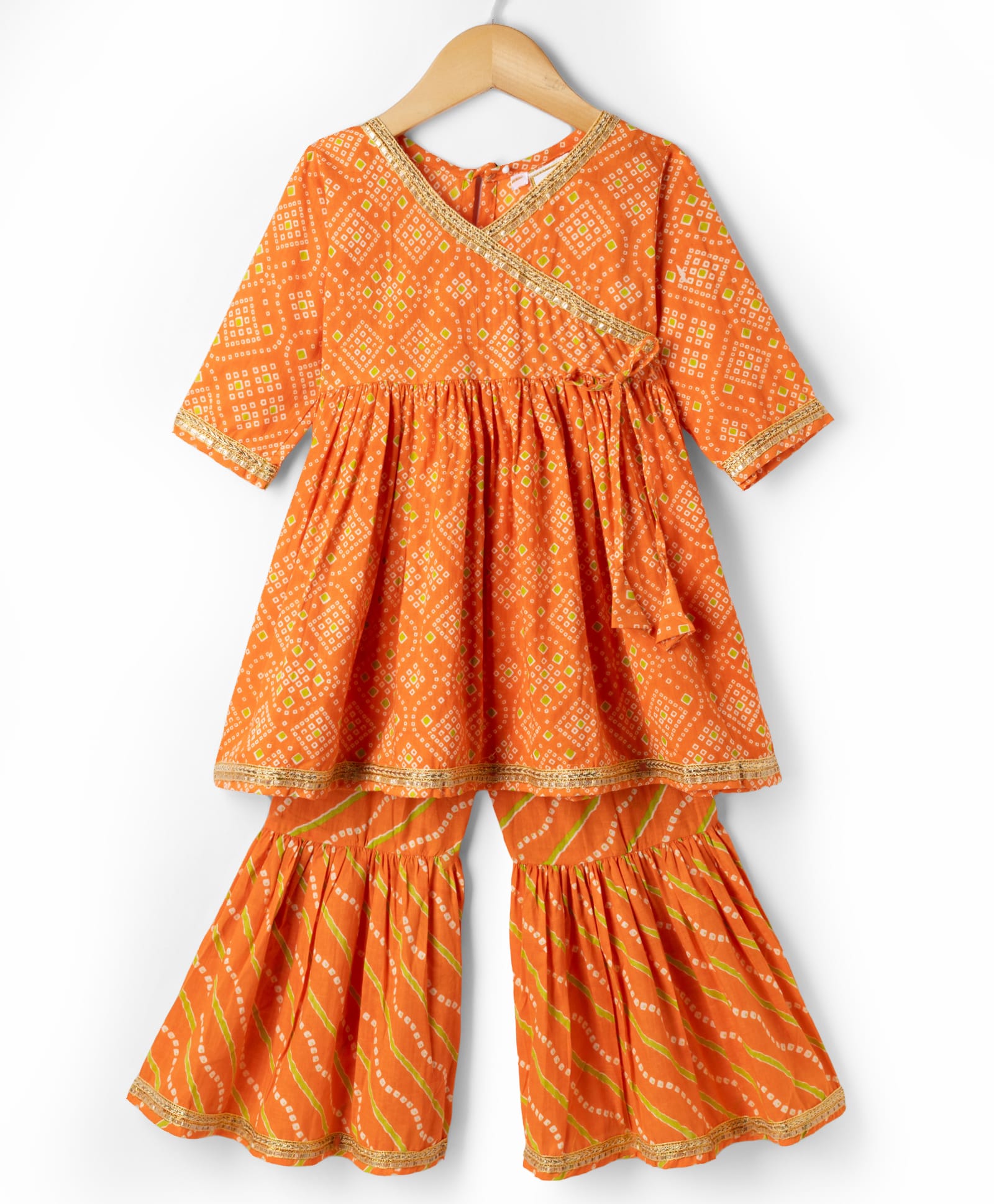 Teentaare Cotton Woven Three Forth Sleeves Bandhani Printed Co-Ords Kurta & Gharara Set - Orange-image-46