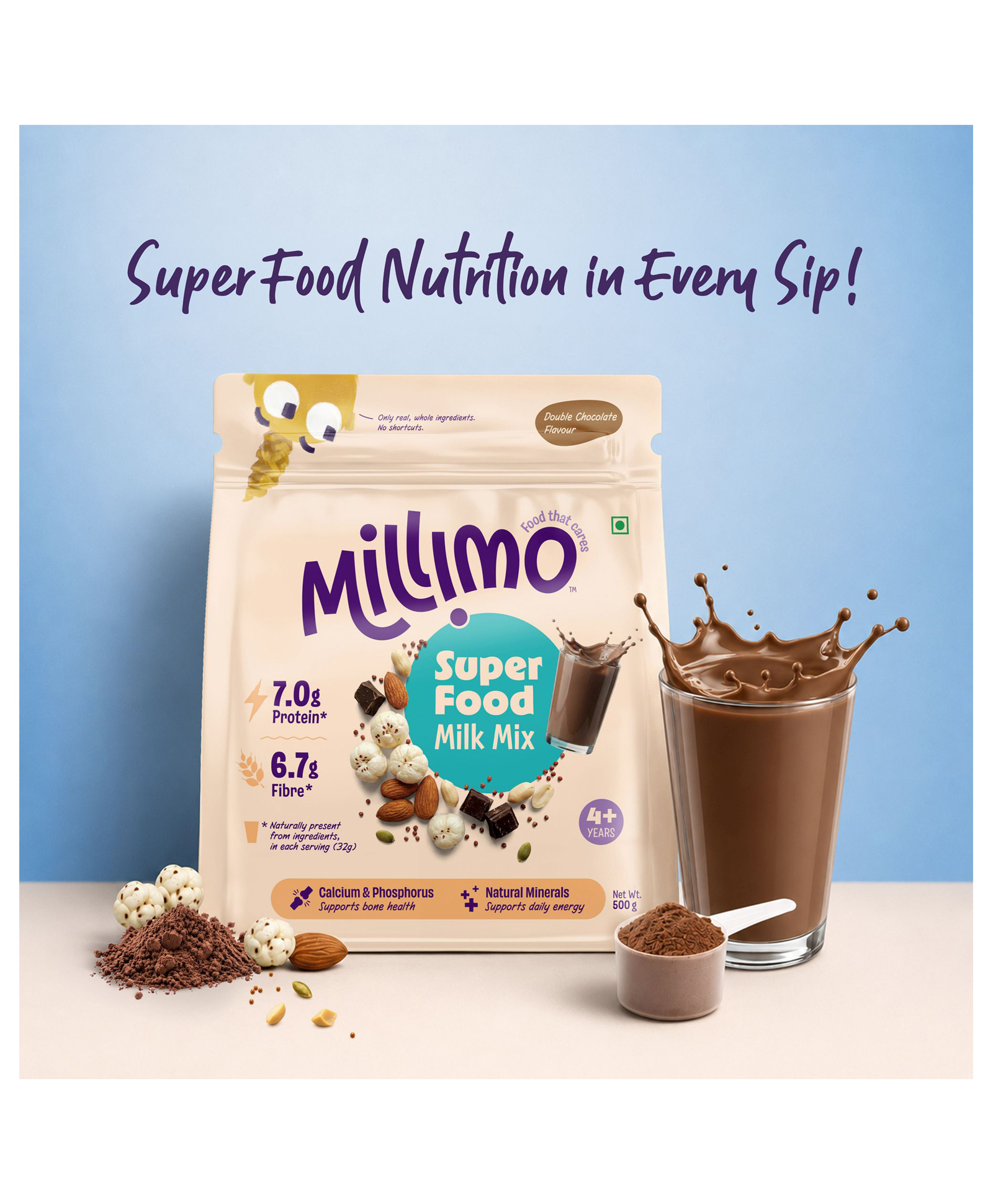 Millimo Super Food Milk Mix Double Chocolate Flavour (500g) | With Protein & Fibre Per Serving | No Refined Sugar, No Artificial Colours | Makhana, Almonds, Pumpkin Seeds, Ragi, Jaggery-image-46